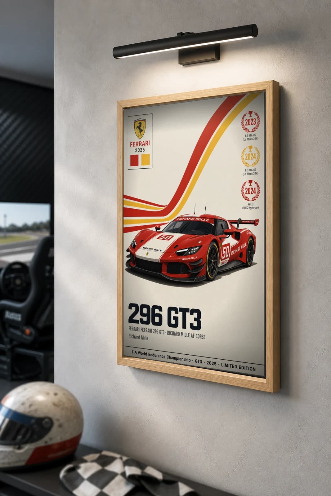 Richard Mille AF Corse 296 GT3 Poster — 2025 LMGT3 WEC racing wall art · #50 · framed A2 — the framed print shown at a three-quarter angle on a styled gallery wall in a natural-oak frame