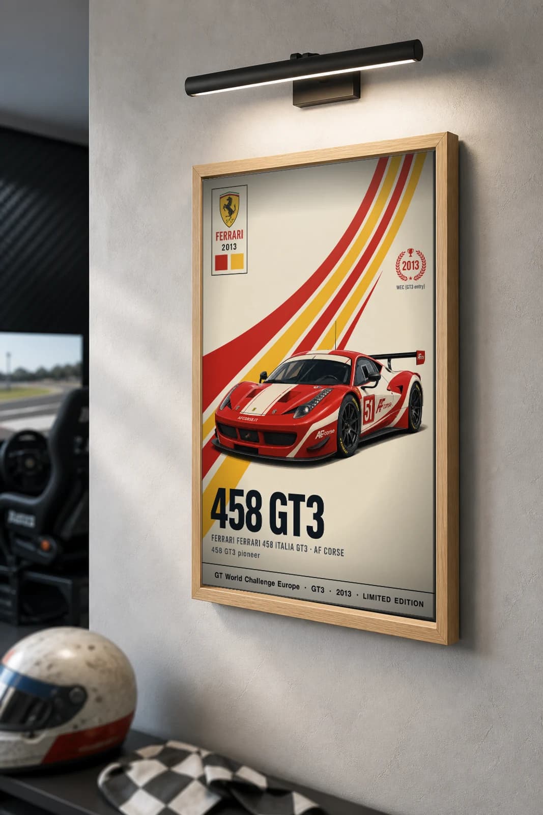 AF Corse 458 GT3 Poster — 2013 GT3 WEC racing wall art · #51 · framed A2 — the framed print shown at a three-quarter angle on a styled gallery wall in a natural-oak frame