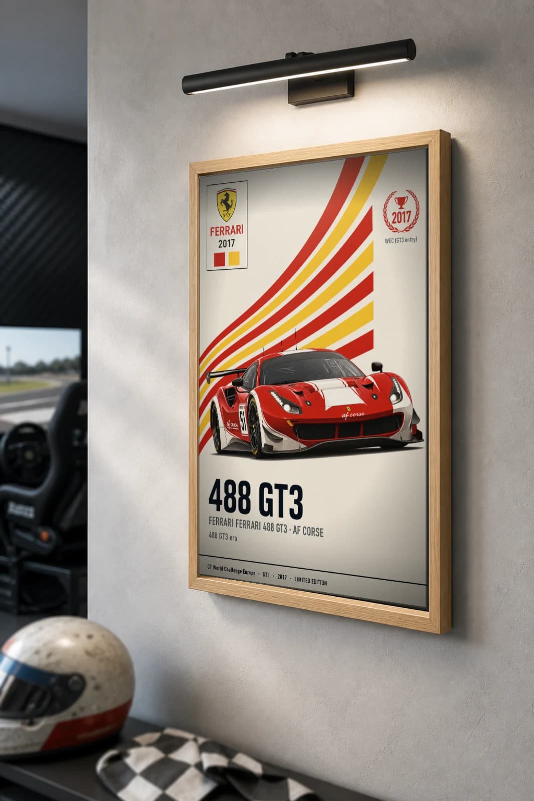 AF Corse 488 GT3 Poster — 2017 GT3 WEC racing wall art · #51 · framed A2 — the framed print shown at a three-quarter angle on a styled gallery wall in a natural-oak frame
