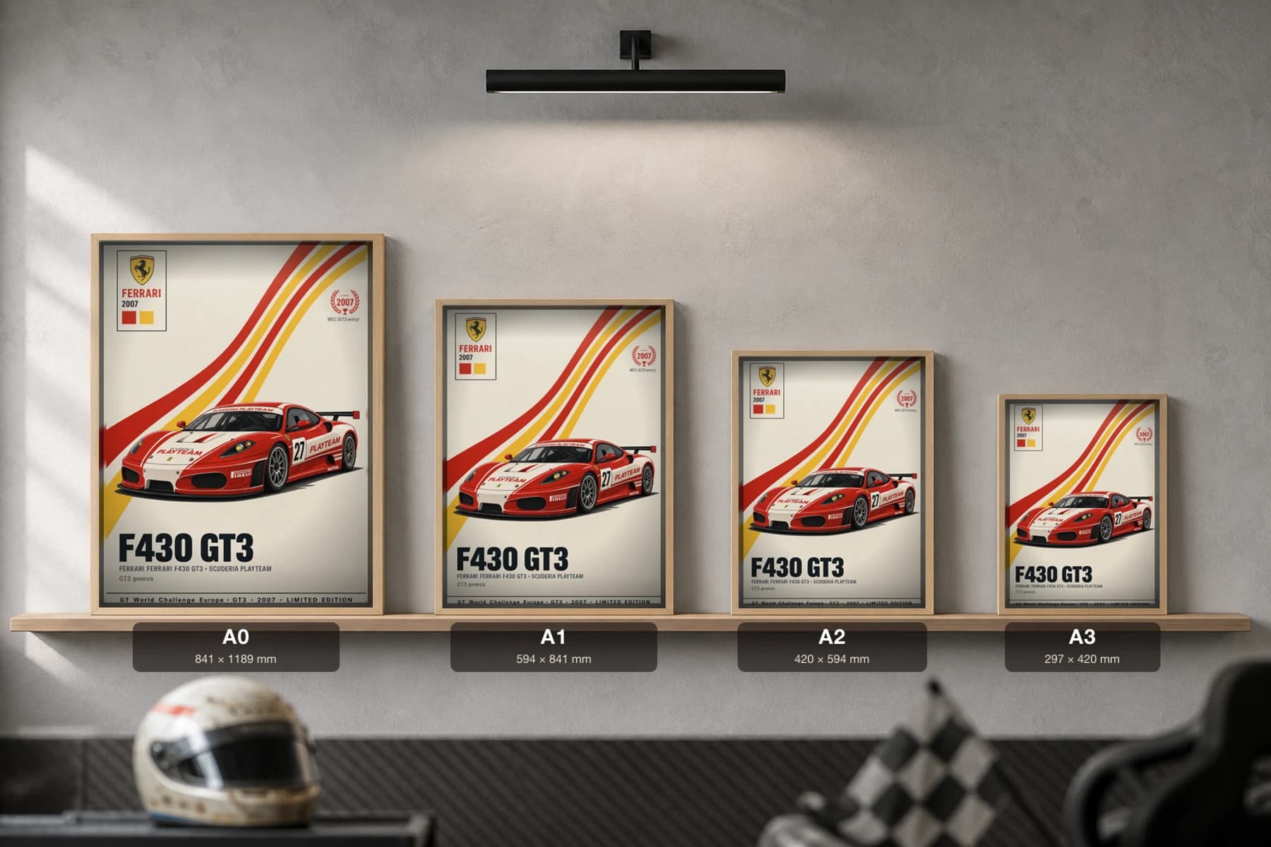 Scuderia Playteam F430 GT3 Poster — 2007 GT3 WEC racing wall art · #27 · framed A2 — print size guide showing the artwork at A0, A1, A2 and A3 in natural-oak frames at true relative scale