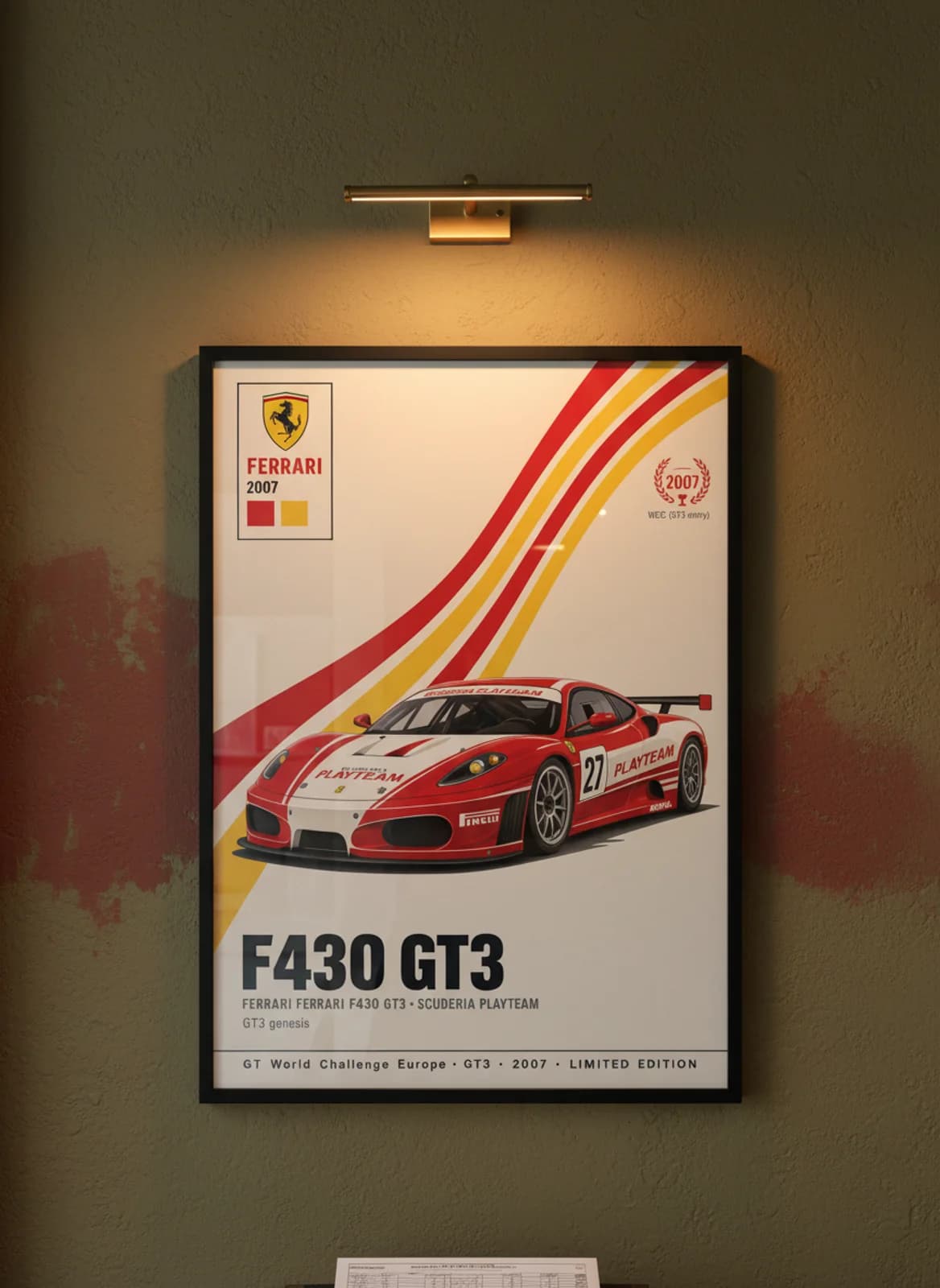 F430 GT3 WEC Masters endurance print in black A2 frame on rosso-corsa olive wall — WEC Masters mockup