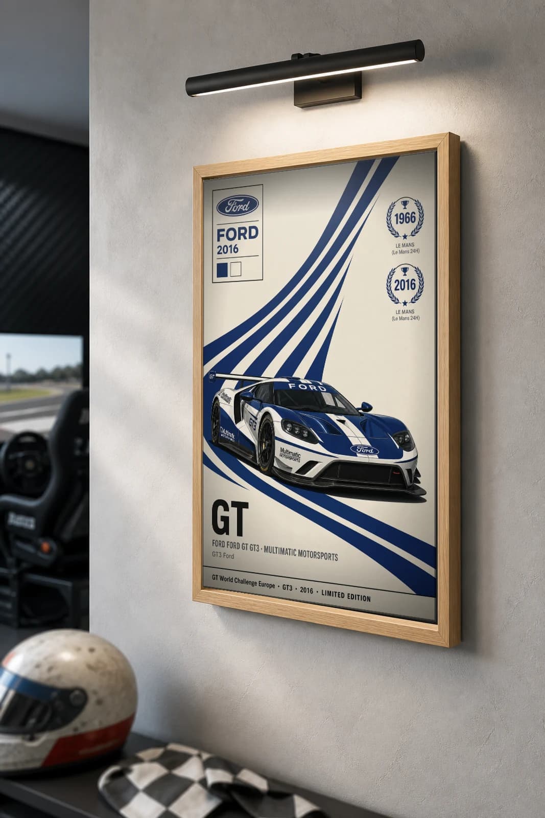 Multimatic Motorsports Ford GT GT3 Poster — 2016 GT3 WEC racing wall art · #— · framed A2 — the framed print shown at a three-quarter angle on a styled gallery wall in a natural-oak frame