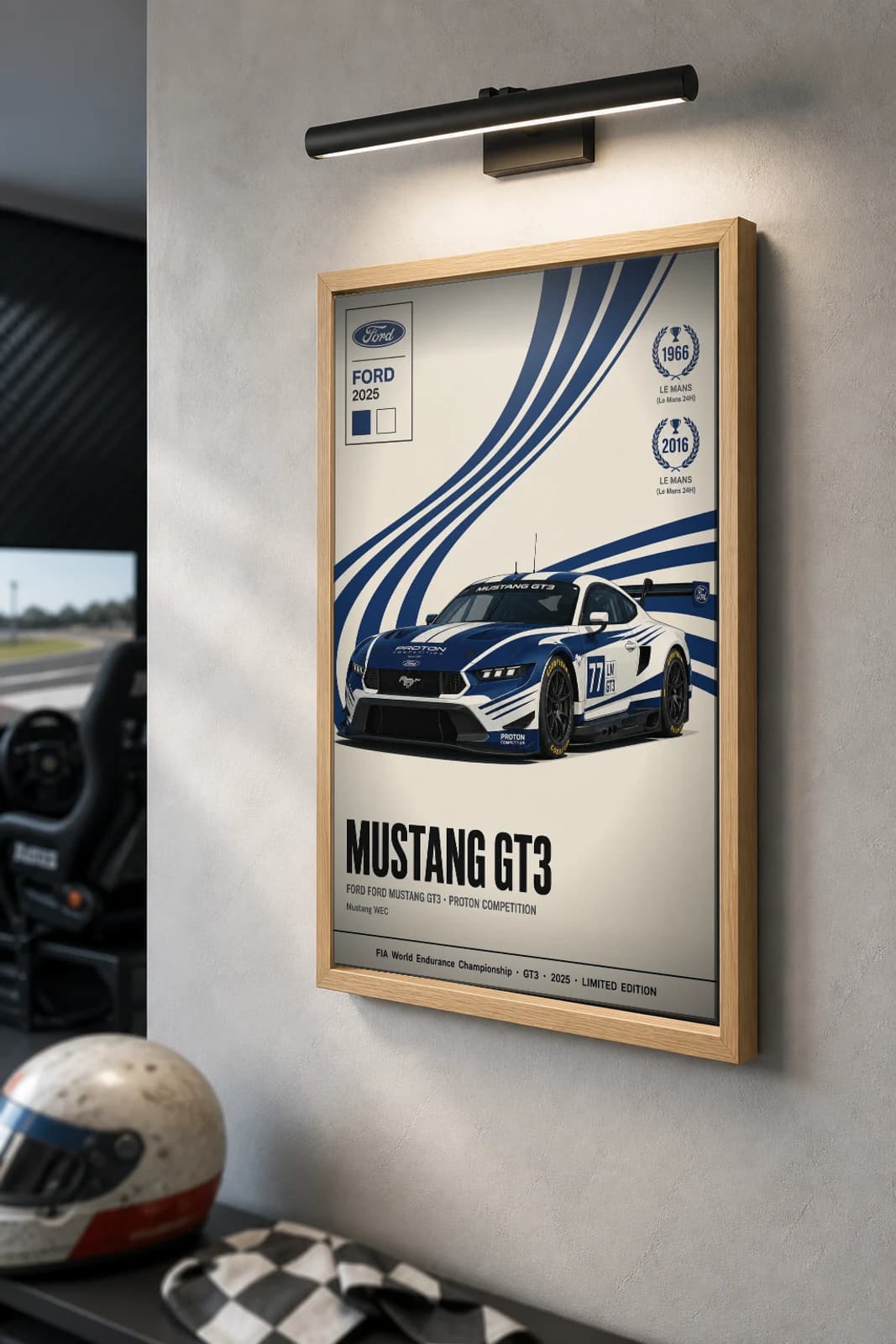 Proton Competition Mustang GT3 Poster — 2025 LMGT3 WEC racing wall art · #77 · framed A2 — the framed print shown at a three-quarter angle on a styled gallery wall in a natural-oak frame