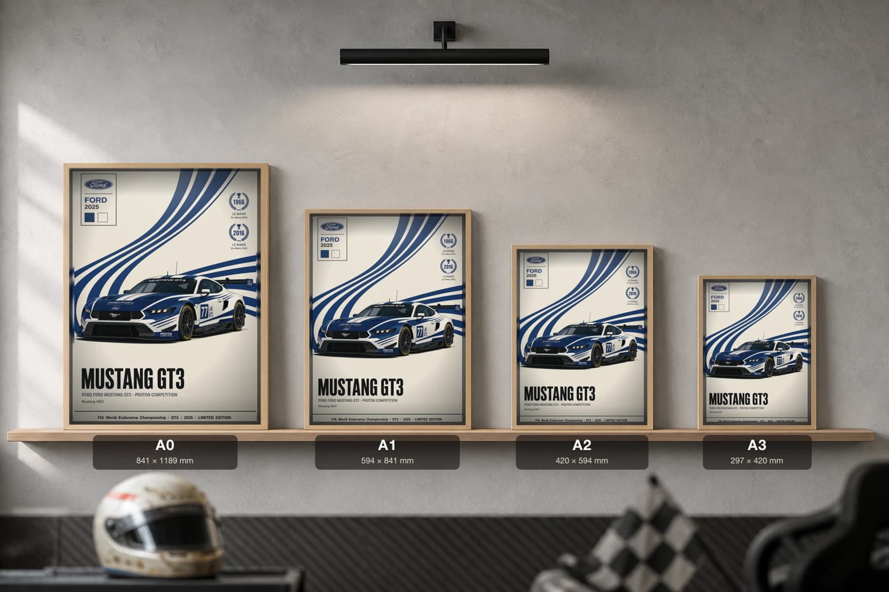 Proton Competition Mustang GT3 Poster — 2025 LMGT3 WEC racing wall art · #77 · framed A2 — print size guide showing the artwork at A0, A1, A2 and A3 in natural-oak frames at true relative scale