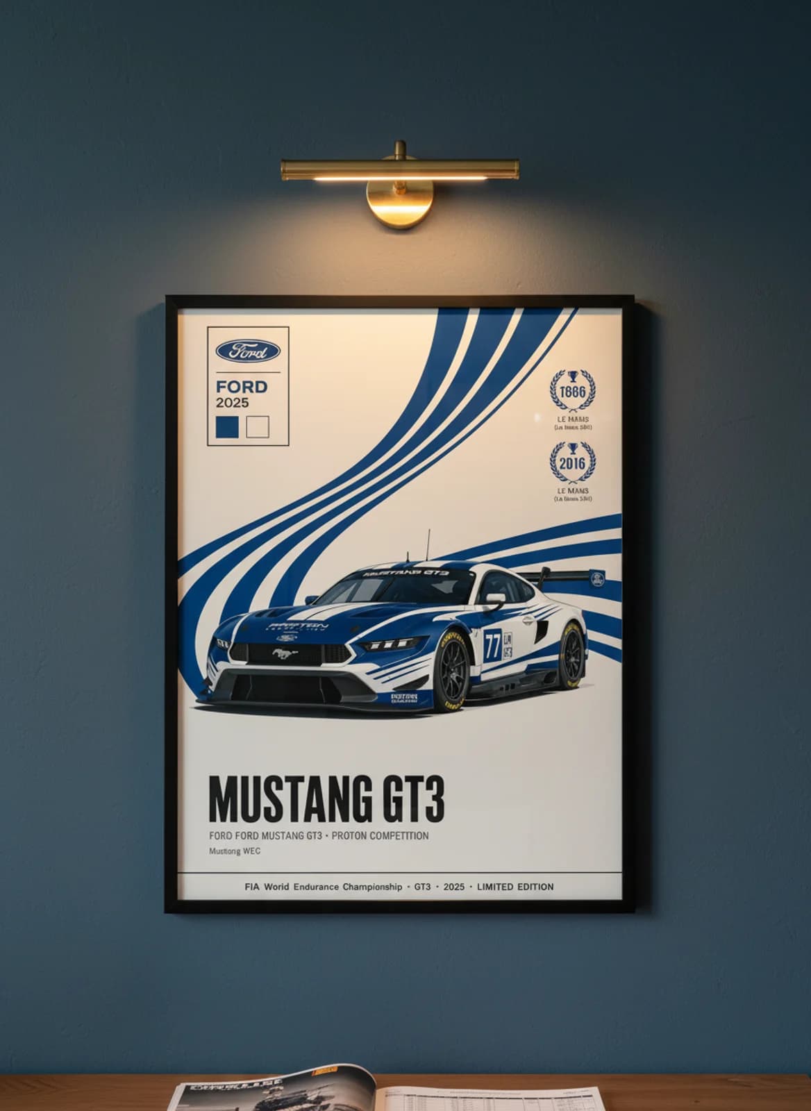 Mustang GT3 WEC Masters endurance print in black A2 frame on oxford-blue olive wall — WEC Masters mockup