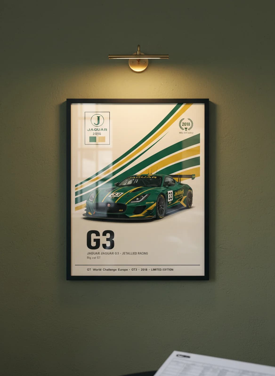 G3 WEC Masters endurance print in black A2 frame on british-racing-green olive wall — WEC Masters mockup