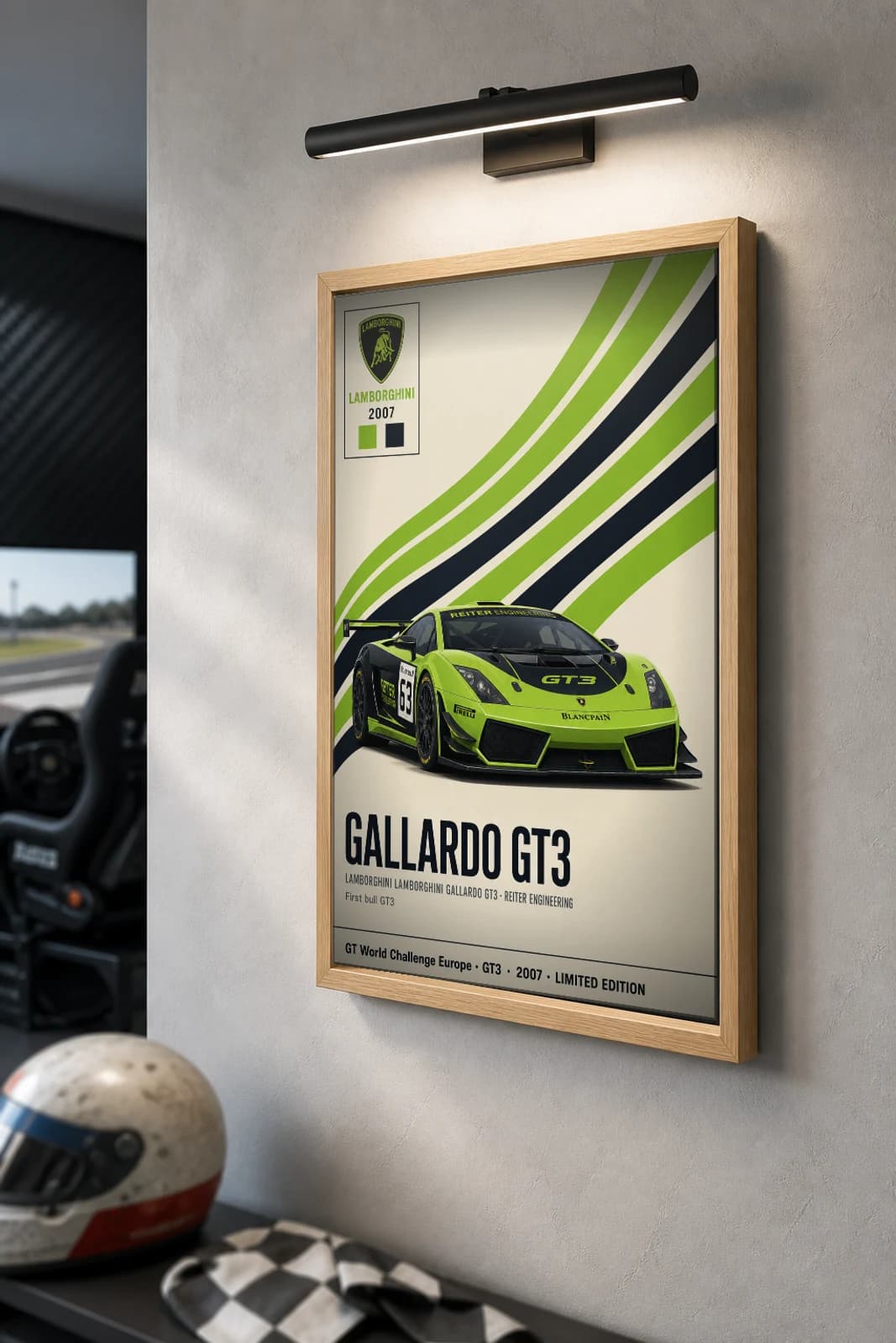 Reiter Engineering Gallardo GT3 Poster — 2007 GT3 WEC racing wall art · #63 · framed A2 — the framed print shown at a three-quarter angle on a styled gallery wall in a natural-oak frame