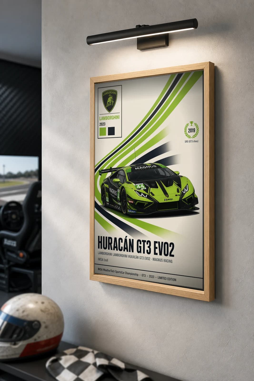 Magnus Racing Huracán GT3 Evo2 Poster — 2023 GTD WEC racing wall art · #44 · framed A2 — the framed print shown at a three-quarter angle on a styled gallery wall in a natural-oak frame