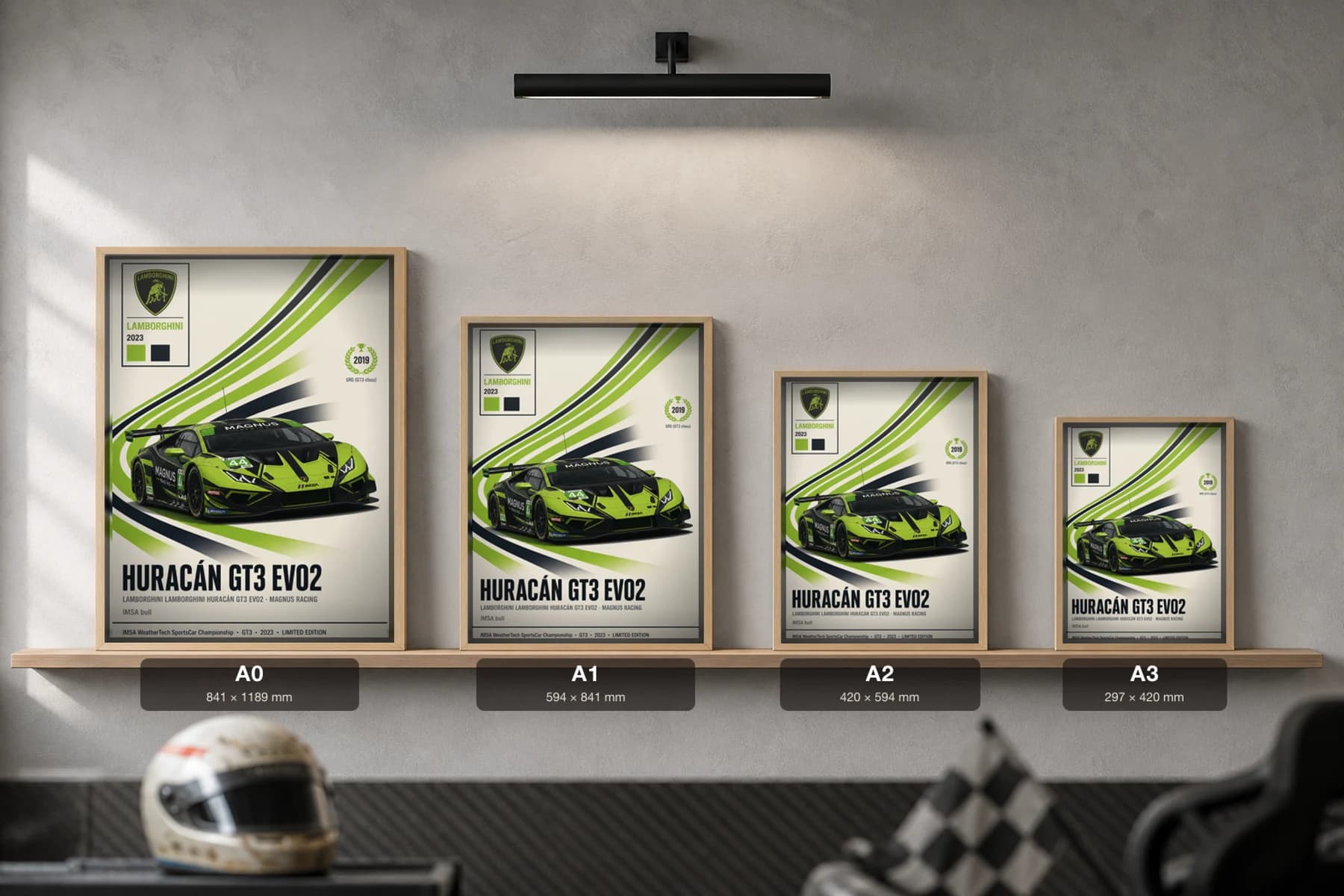 Magnus Racing Huracán GT3 Evo2 Poster — 2023 GTD WEC racing wall art · #44 · framed A2 — print size guide showing the artwork at A0, A1, A2 and A3 in natural-oak frames at true relative scale