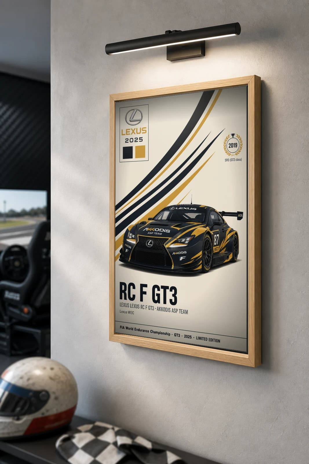 Akkodis ASP Team RC F GT3 Poster — 2025 LMGT3 WEC racing wall art · #87 · framed A2 — the framed print shown at a three-quarter angle on a styled gallery wall in a natural-oak frame