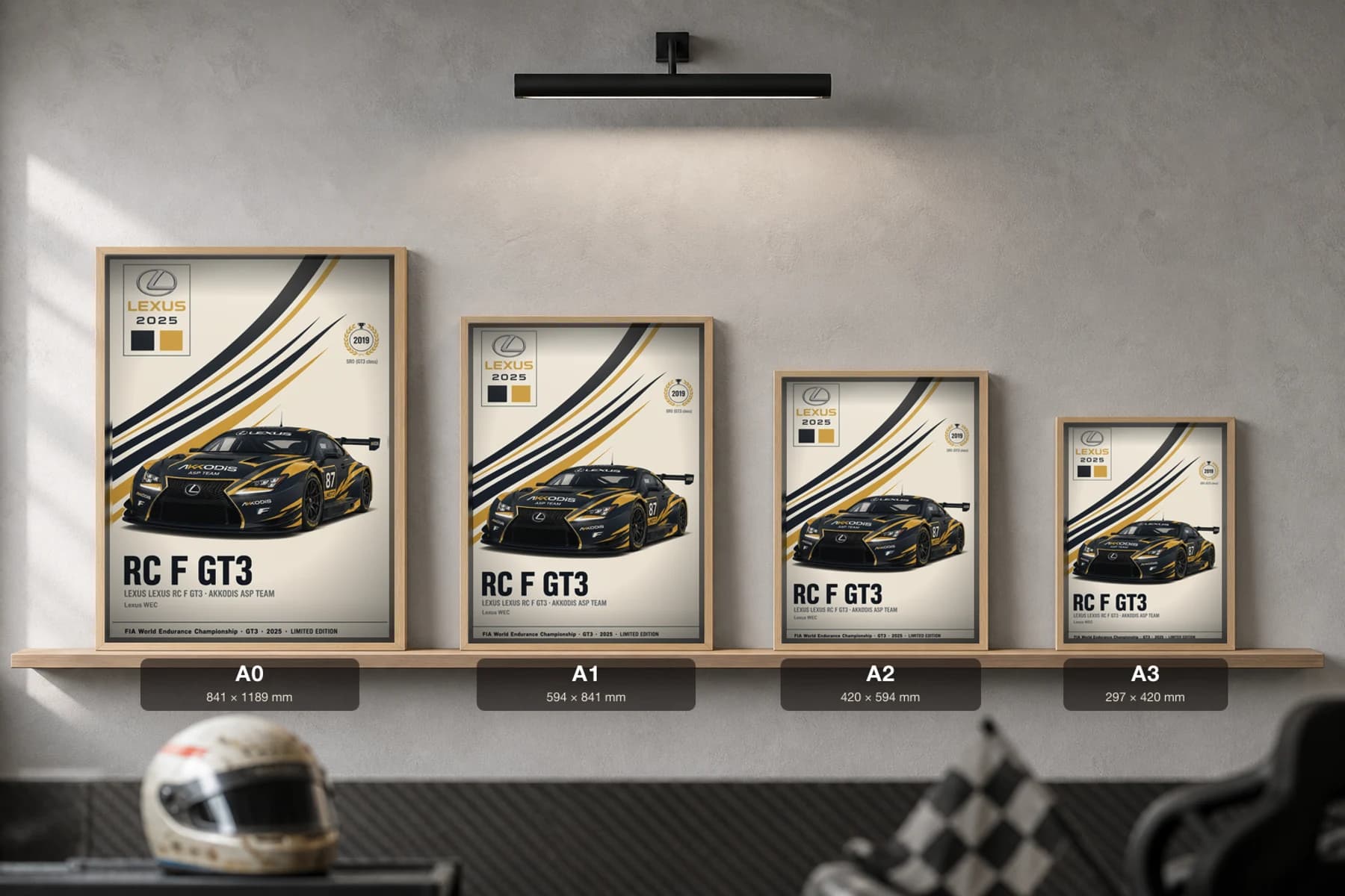 Akkodis ASP Team RC F GT3 Poster — 2025 LMGT3 WEC racing wall art · #87 · framed A2 — print size guide showing the artwork at A0, A1, A2 and A3 in natural-oak frames at true relative scale