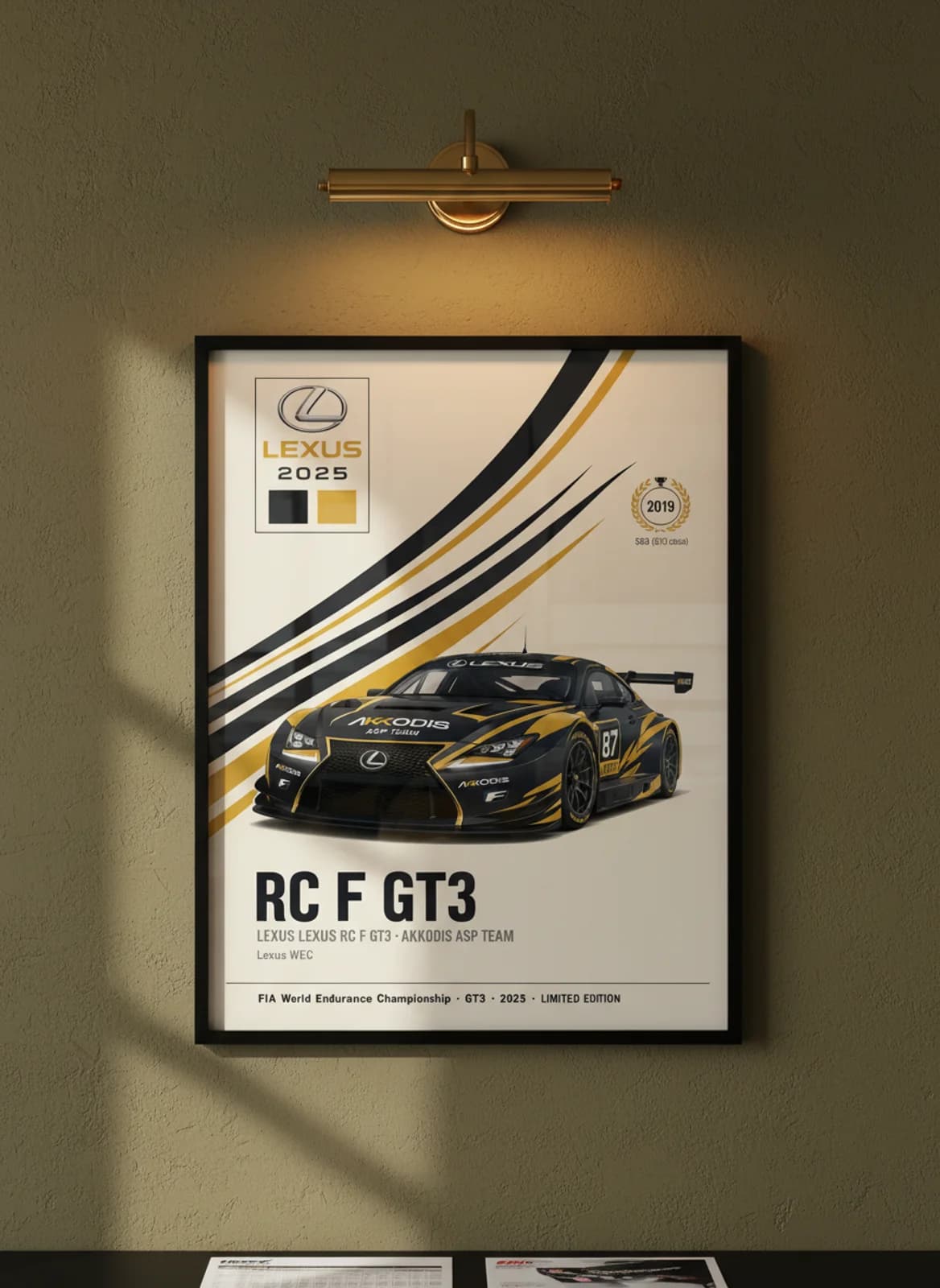 RC F GT3 — Akkodis ASP #87 WEC Masters endurance print in black A2 frame on charcoal-black olive wall — WEC Masters mockup