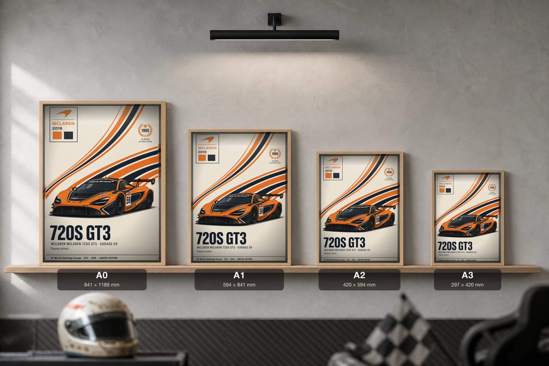 Garage 59 720S GT3 Poster — 2019 GT3 WEC racing wall art · #59 · framed A2 — print size guide showing the artwork at A0, A1, A2 and A3 in natural-oak frames at true relative scale