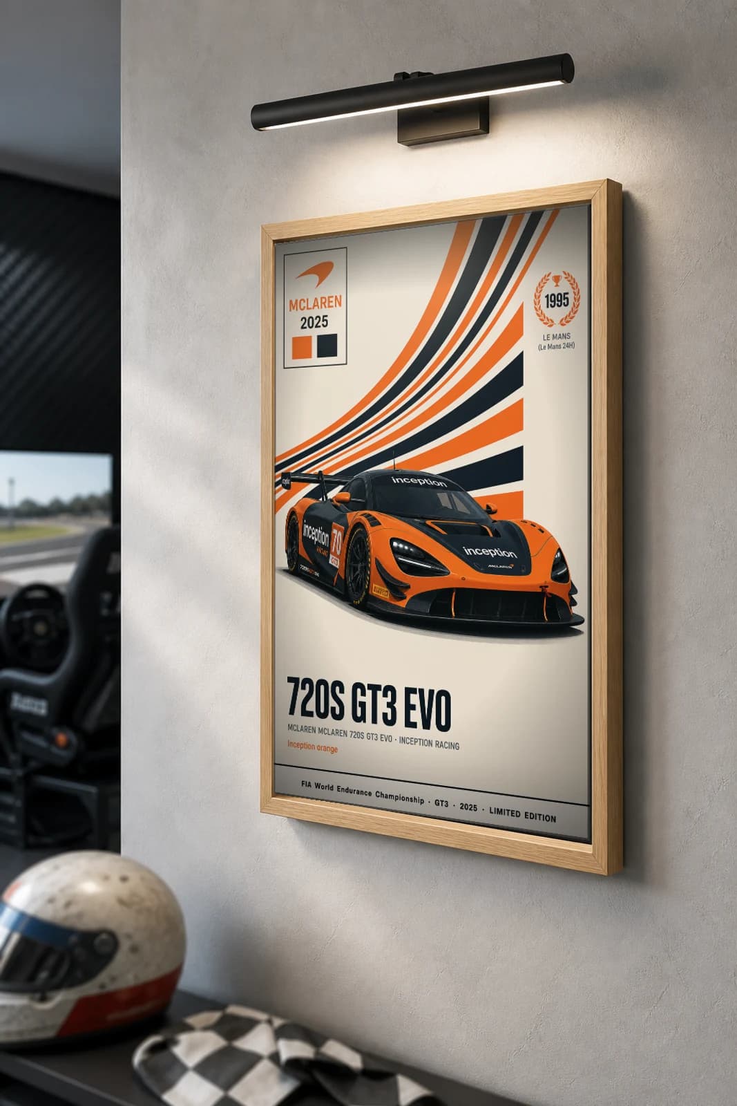 Inception Racing 720S GT3 Evo Poster — 2025 LMGT3 WEC racing wall art · #70 · framed A2 — the framed print shown at a three-quarter angle on a styled gallery wall in a natural-oak frame