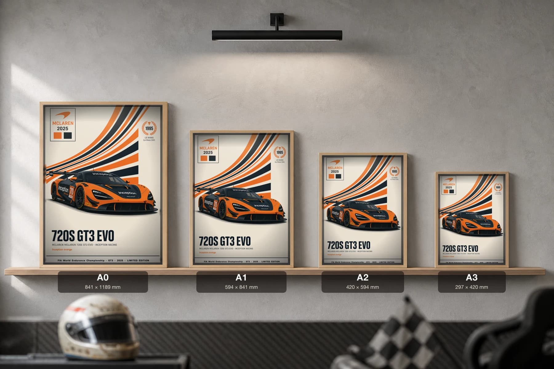 Inception Racing 720S GT3 Evo Poster — 2025 LMGT3 WEC racing wall art · #70 · framed A2 — print size guide showing the artwork at A0, A1, A2 and A3 in natural-oak frames at true relative scale