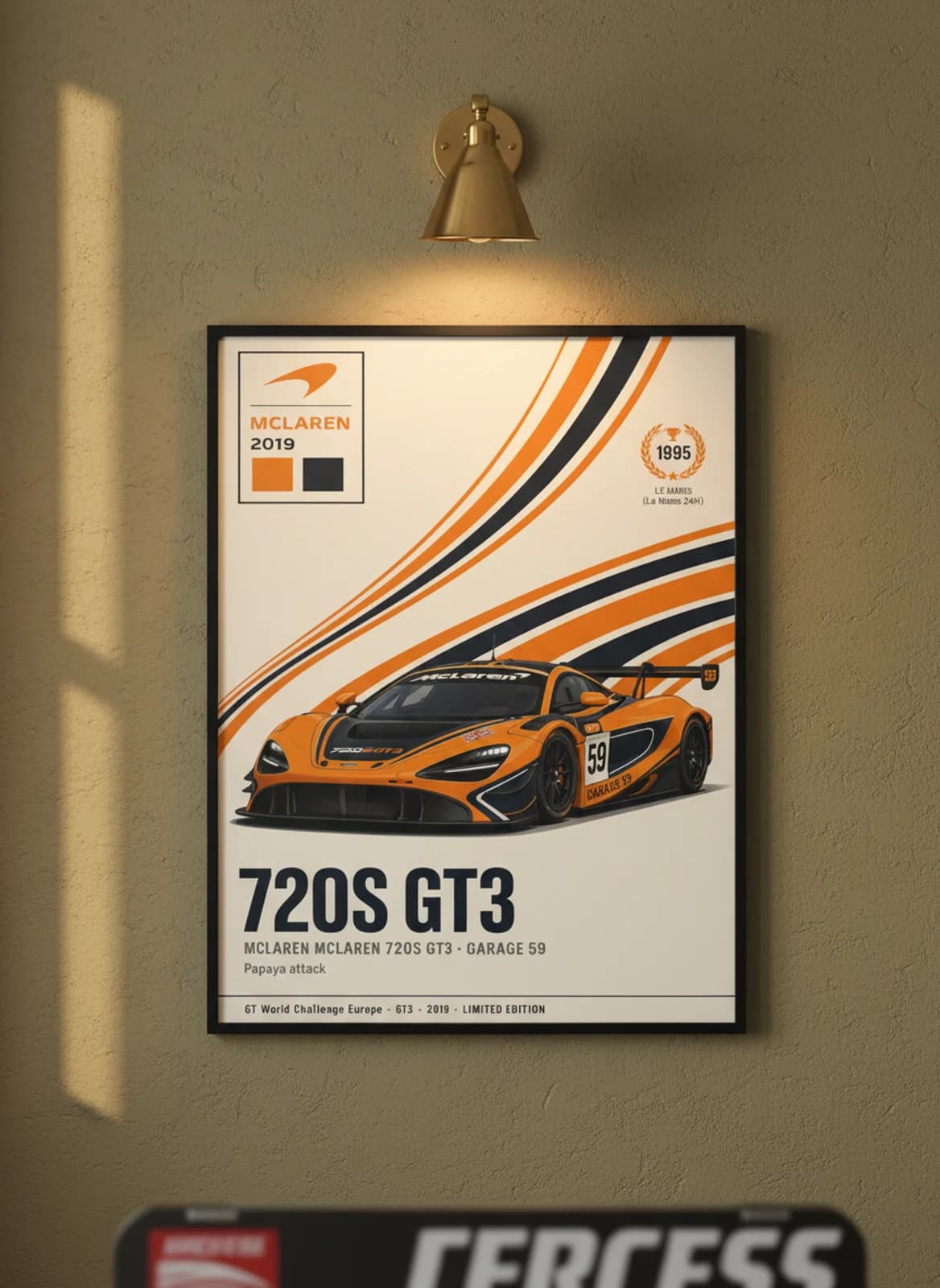 720S GT3 — Garage 59 #59 WEC Masters endurance print in black A2 frame on papaya-orange olive wall — WEC Masters mockup