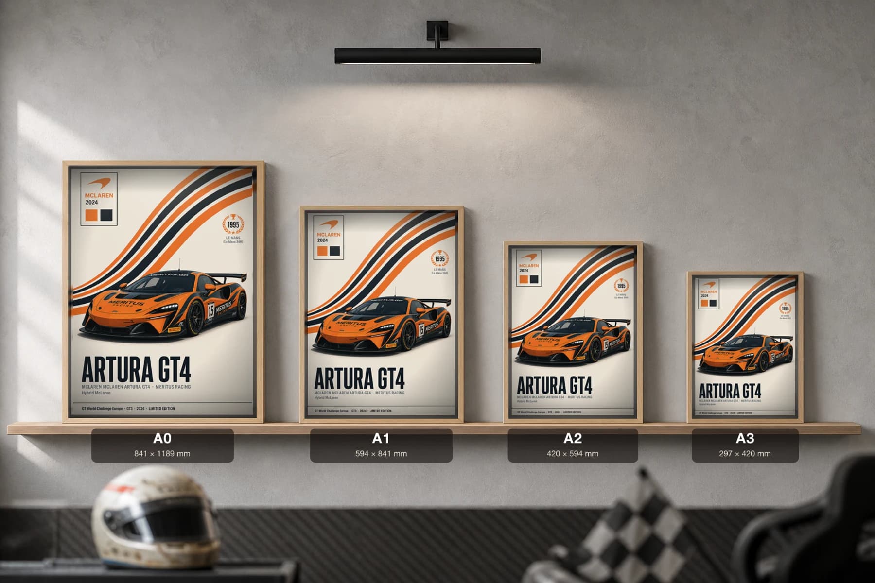 Meritus Racing Artura GT4 Poster — 2024 GT4 WEC racing wall art · #15 · framed A2 — print size guide showing the artwork at A0, A1, A2 and A3 in natural-oak frames at true relative scale