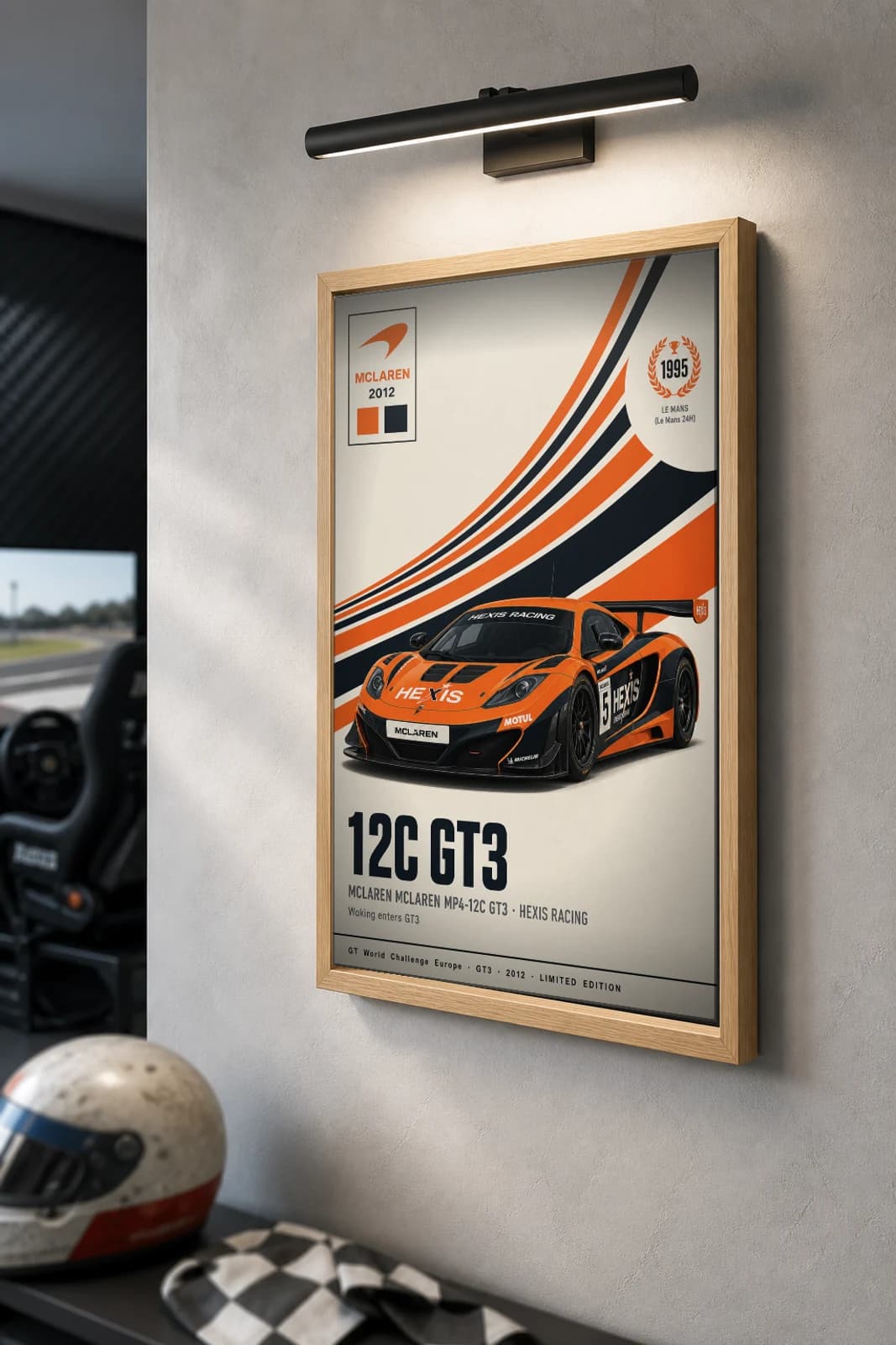 Hexis Racing MP4-12C GT3 Poster — 2012 GT3 WEC racing wall art · #5 · framed A2 — the framed print shown at a three-quarter angle on a styled gallery wall in a natural-oak frame