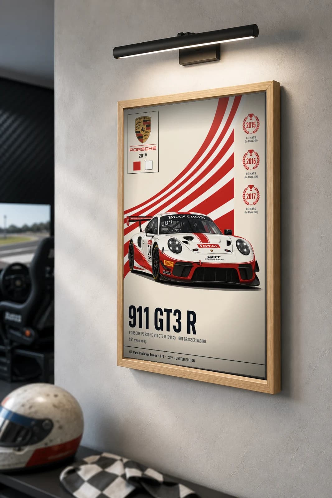 GRT Grasser Racing 911 GT3 R (991.2) Poster — 2019 GT3 WEC racing wall art · #04 · framed A2 — the framed print shown at a three-quarter angle on a styled gallery wall in a natural-oak frame