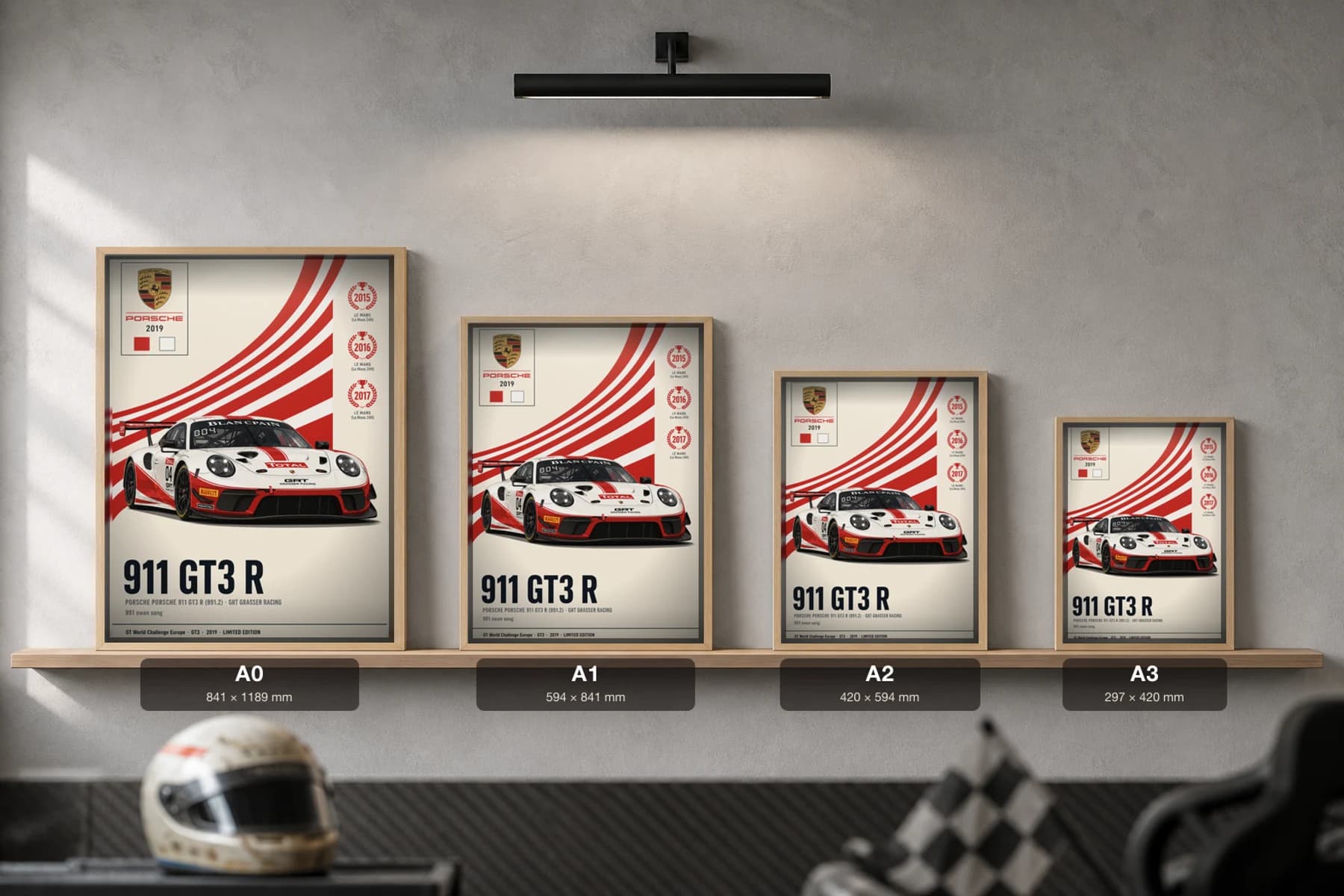 GRT Grasser Racing 911 GT3 R (991.2) Poster — 2019 GT3 WEC racing wall art · #04 · framed A2 — print size guide showing the artwork at A0, A1, A2 and A3 in natural-oak frames at true relative scale