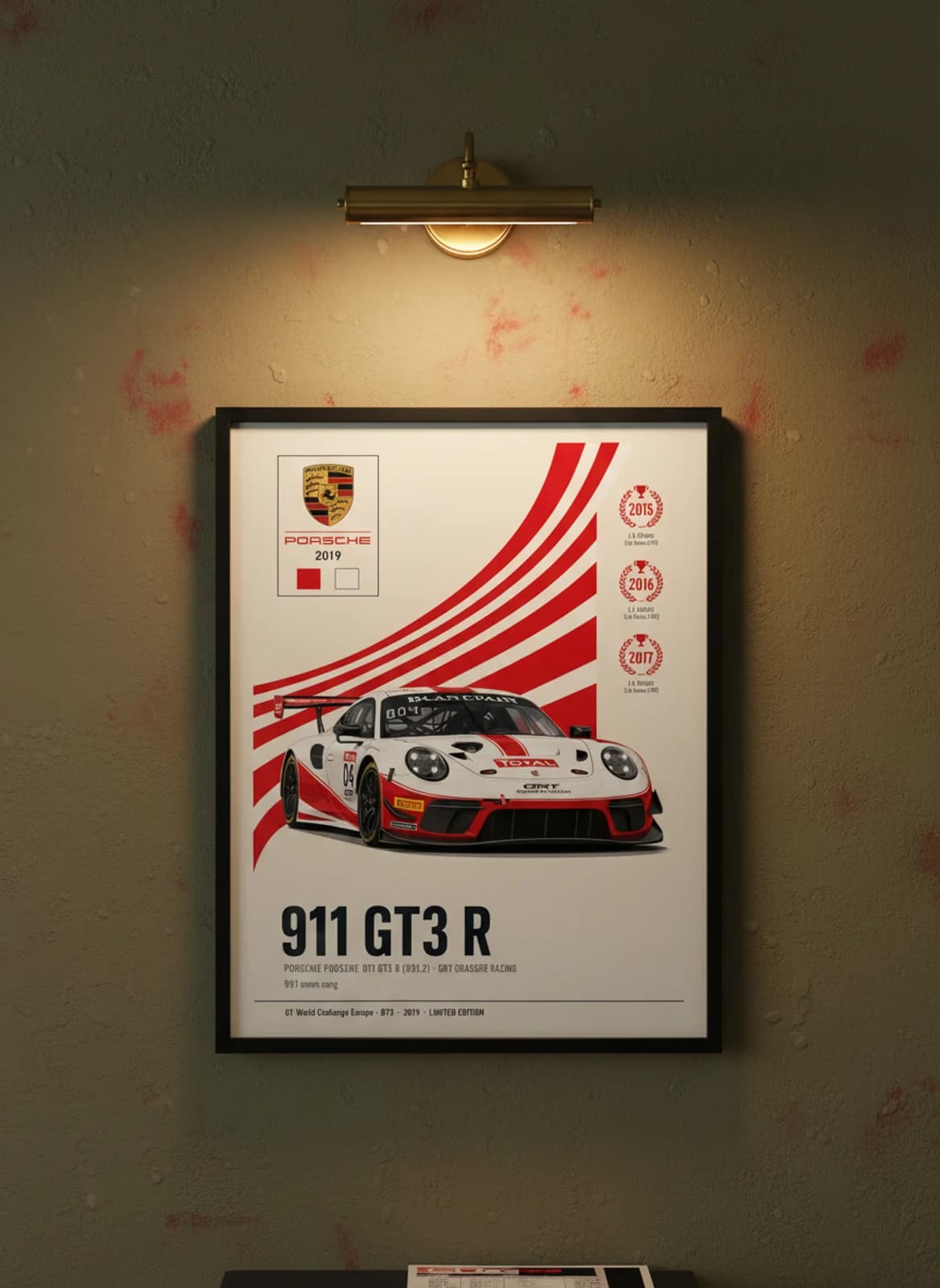 911 GT3 R — GRT Grasser #04 WEC Masters endurance print in black A2 frame on racing-red olive wall — WEC Masters mockup