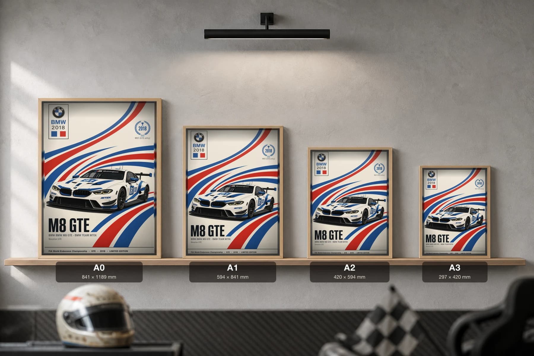 BMW Team MTEK M8 GTE Poster — 2018 GTE WEC racing wall art · #81 · framed A2 — print size guide showing the artwork at A0, A1, A2 and A3 in natural-oak frames at true relative scale