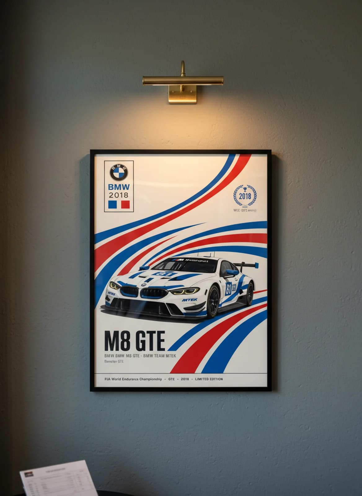 M8 GTE — BMW Team MTEK #81 WEC Masters endurance print in black A2 frame on bavarian-blue olive wall — WEC Masters mockup