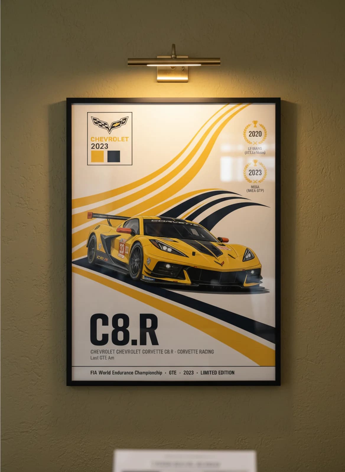 C8.R — #33 Last GTE Am WEC Masters endurance print in black A2 frame on factory-yellow olive wall — WEC Masters mockup