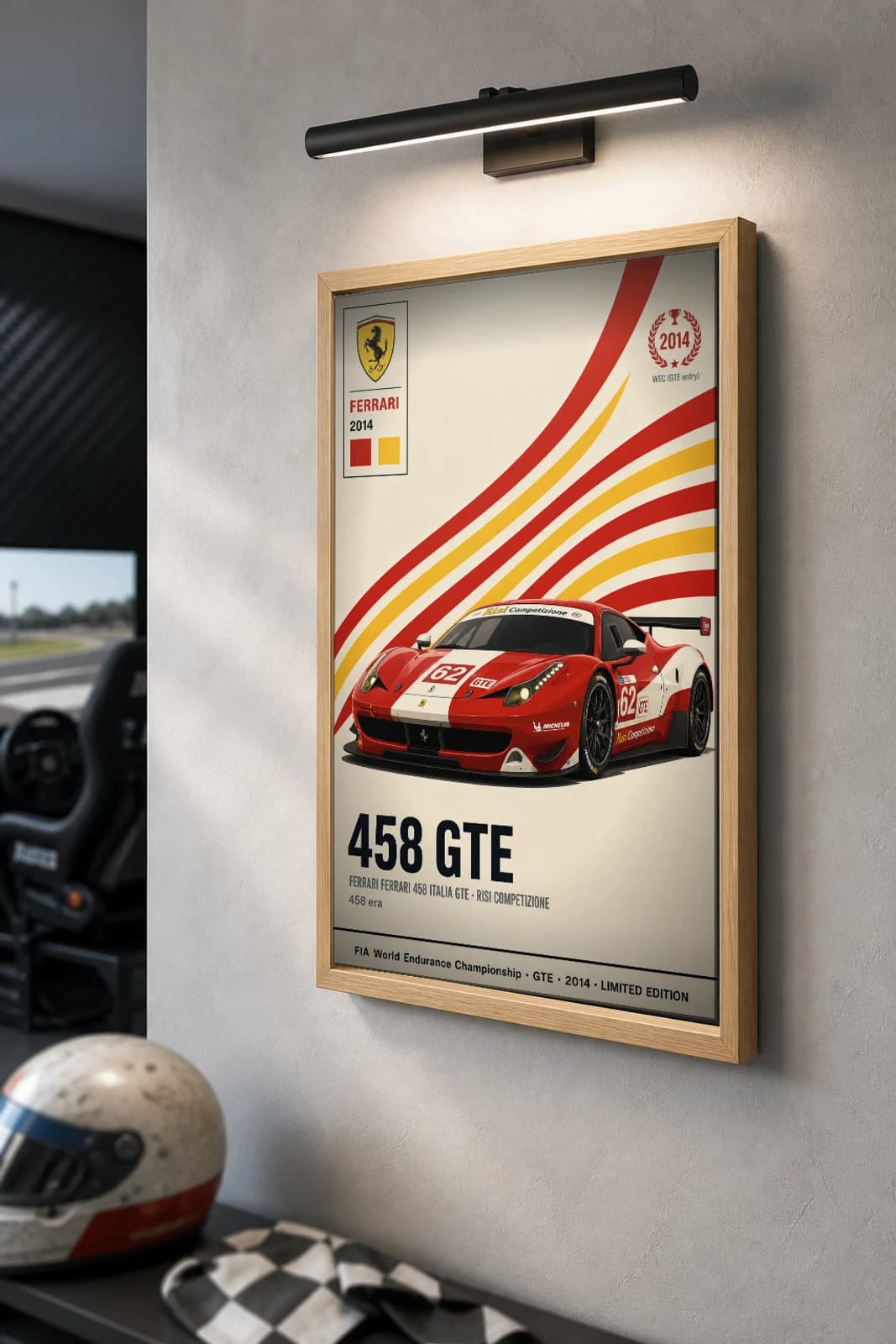 Risi Competizione 458 GTE Poster — 2014 GTE WEC racing wall art · #62 · framed A2 — the framed print shown at a three-quarter angle on a styled gallery wall in a natural-oak frame