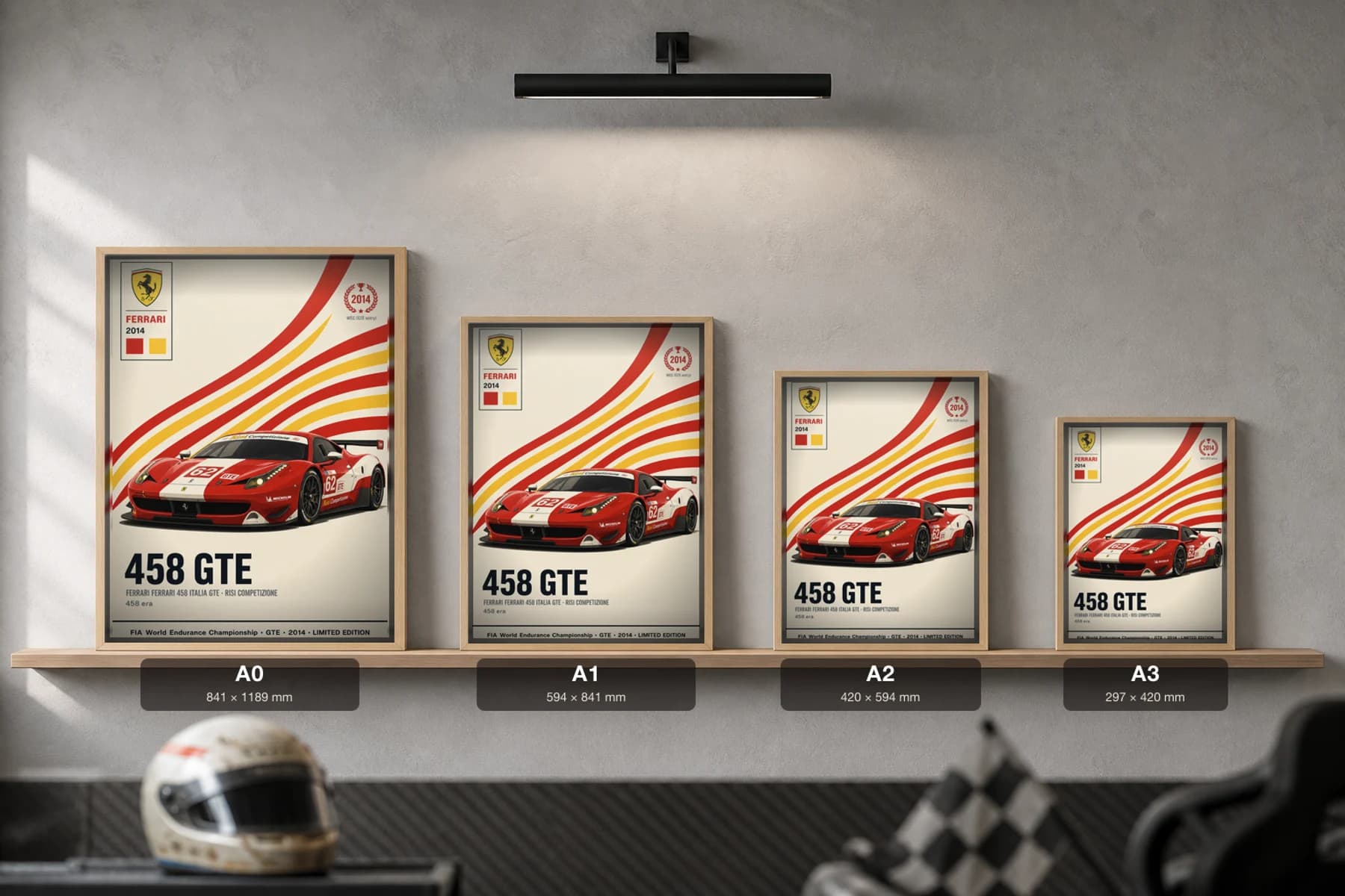 Risi Competizione 458 GTE Poster — 2014 GTE WEC racing wall art · #62 · framed A2 — print size guide showing the artwork at A0, A1, A2 and A3 in natural-oak frames at true relative scale