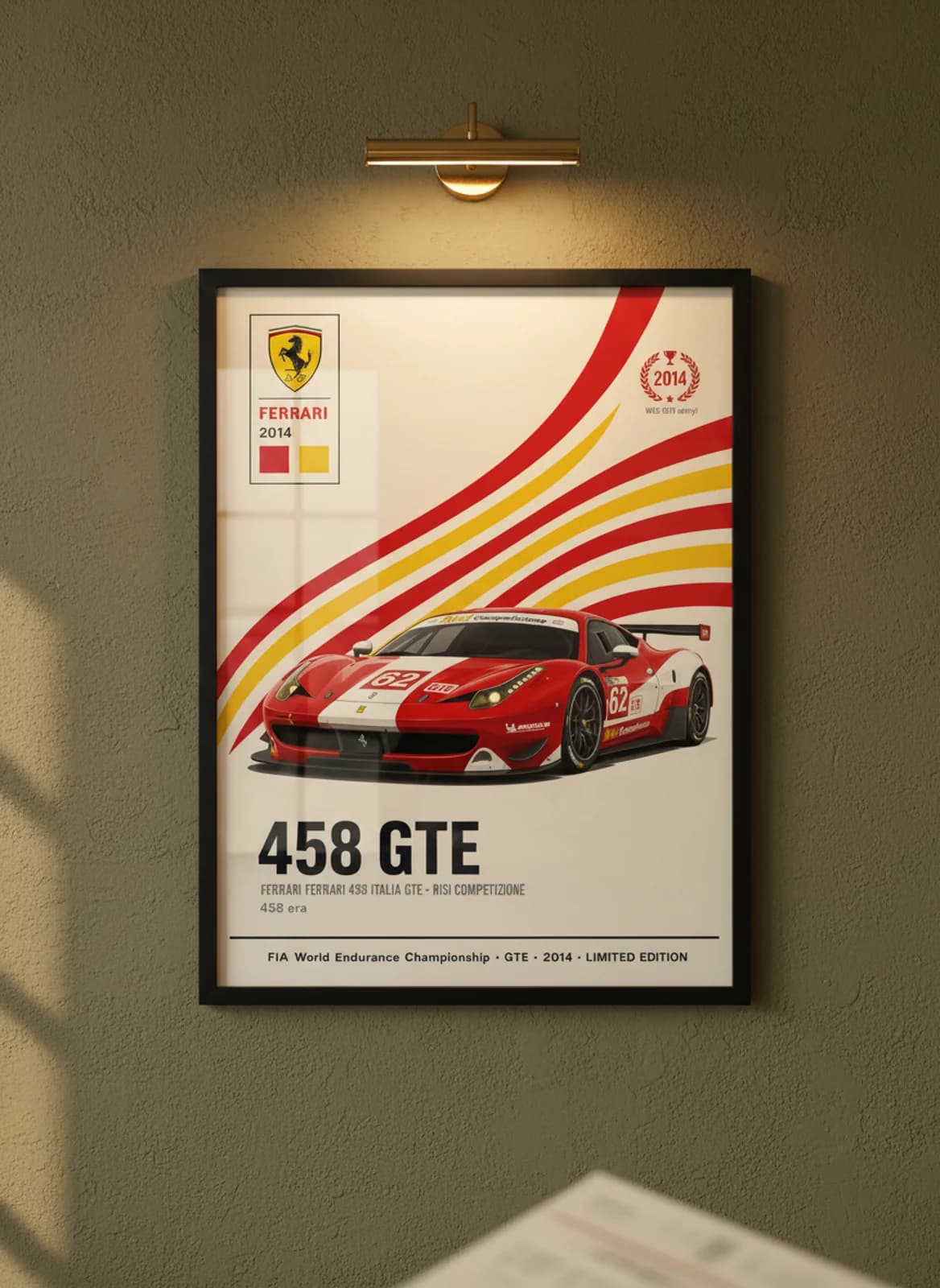 458 GTE — Risi Competizione #62 WEC Masters endurance print in black A2 frame on rosso-corsa olive wall — WEC Masters mockup
