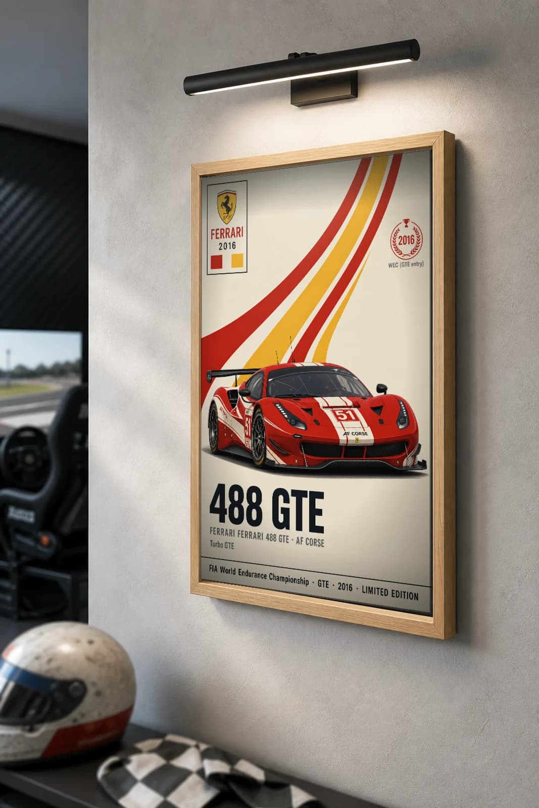 AF Corse 488 GTE Poster — 2016 GTE WEC racing wall art · #51 · framed A2 — the framed print shown at a three-quarter angle on a styled gallery wall in a natural-oak frame