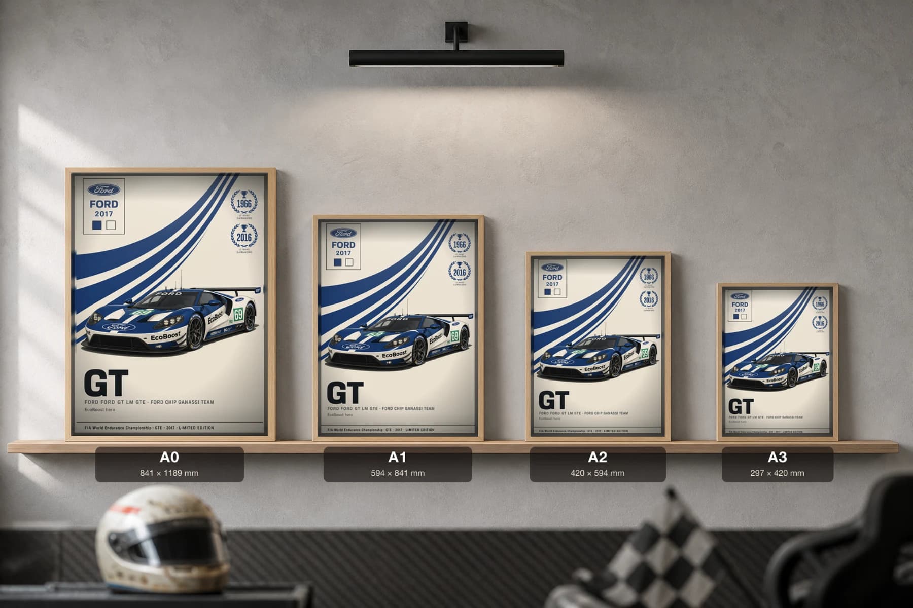 Ford Chip Ganassi Team Ford GT LM GTE Poster — 2017 GTE Pro WEC racing wall art · #69 · framed A2 — print size guide showing the artwork at A0, A1, A2 and A3 in natural-oak frames at true relative scale