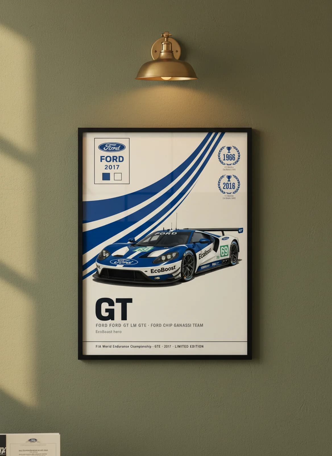 GT — #69 EcoBoost WEC Masters endurance print in black A2 frame on ford-performance-blue olive wall — WEC Masters mockup