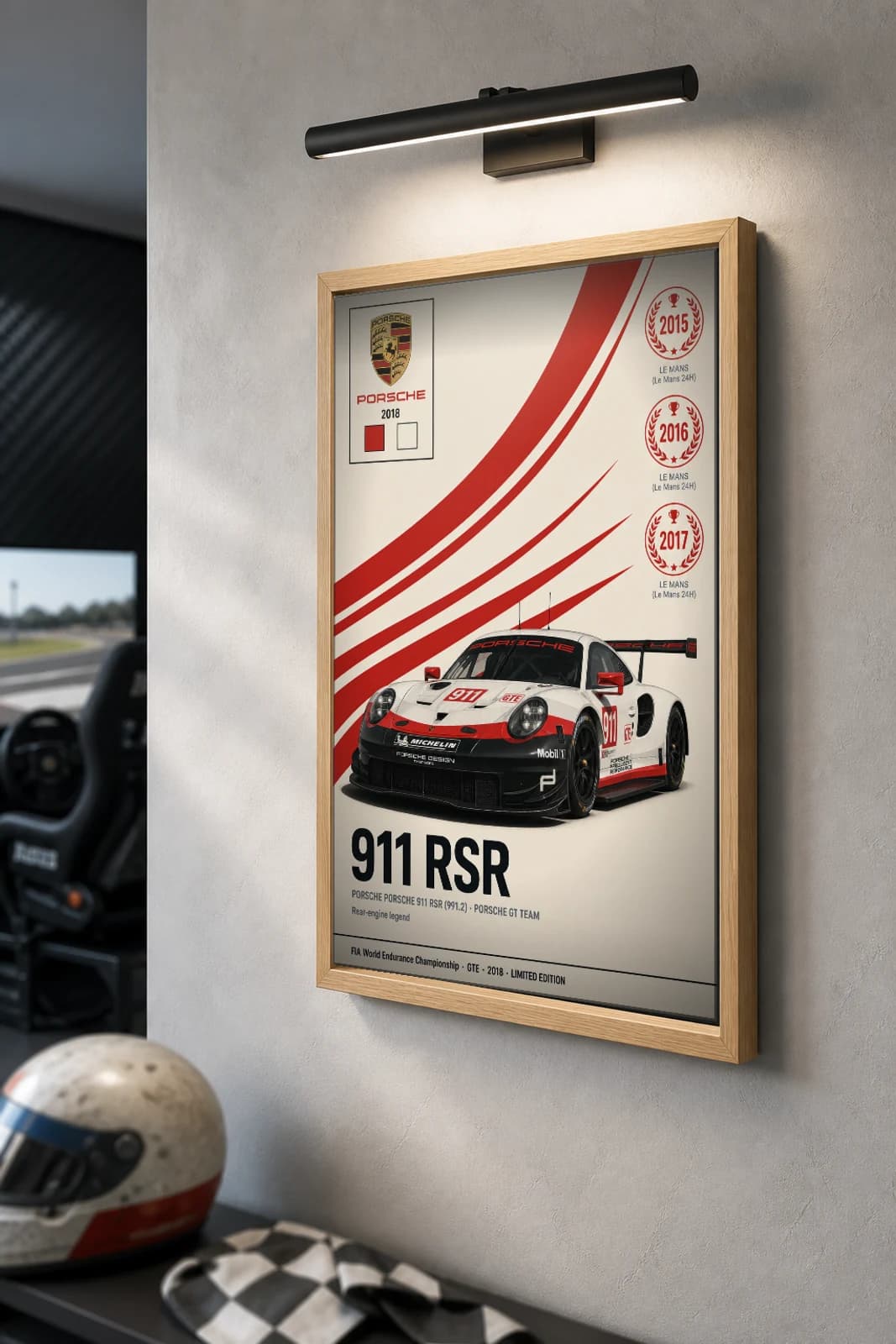 Porsche GT Team 911 RSR (991.2) Poster — 2018 GTE WEC racing wall art · #911 · framed A2 — the framed print shown at a three-quarter angle on a styled gallery wall in a natural-oak frame
