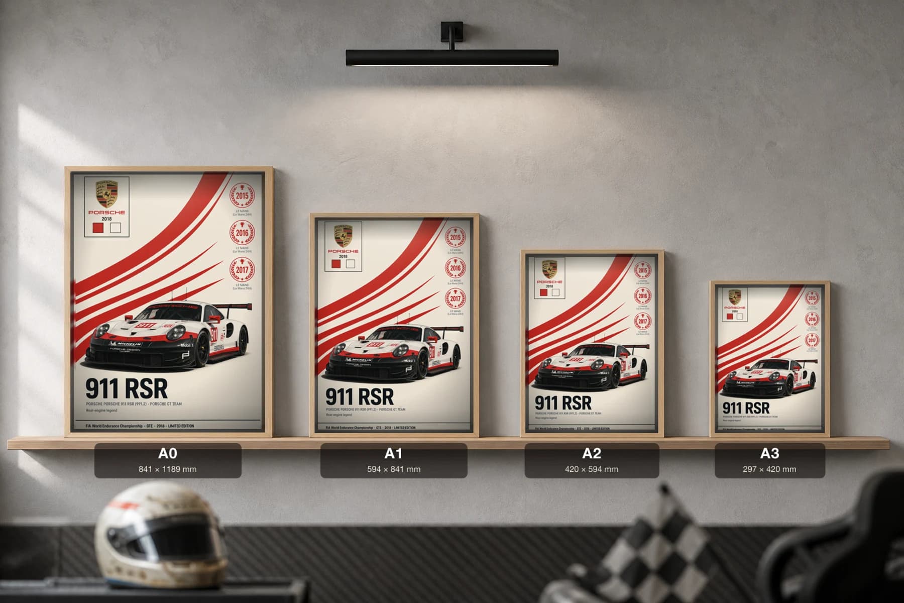 Porsche GT Team 911 RSR (991.2) Poster — 2018 GTE WEC racing wall art · #911 · framed A2 — print size guide showing the artwork at A0, A1, A2 and A3 in natural-oak frames at true relative scale