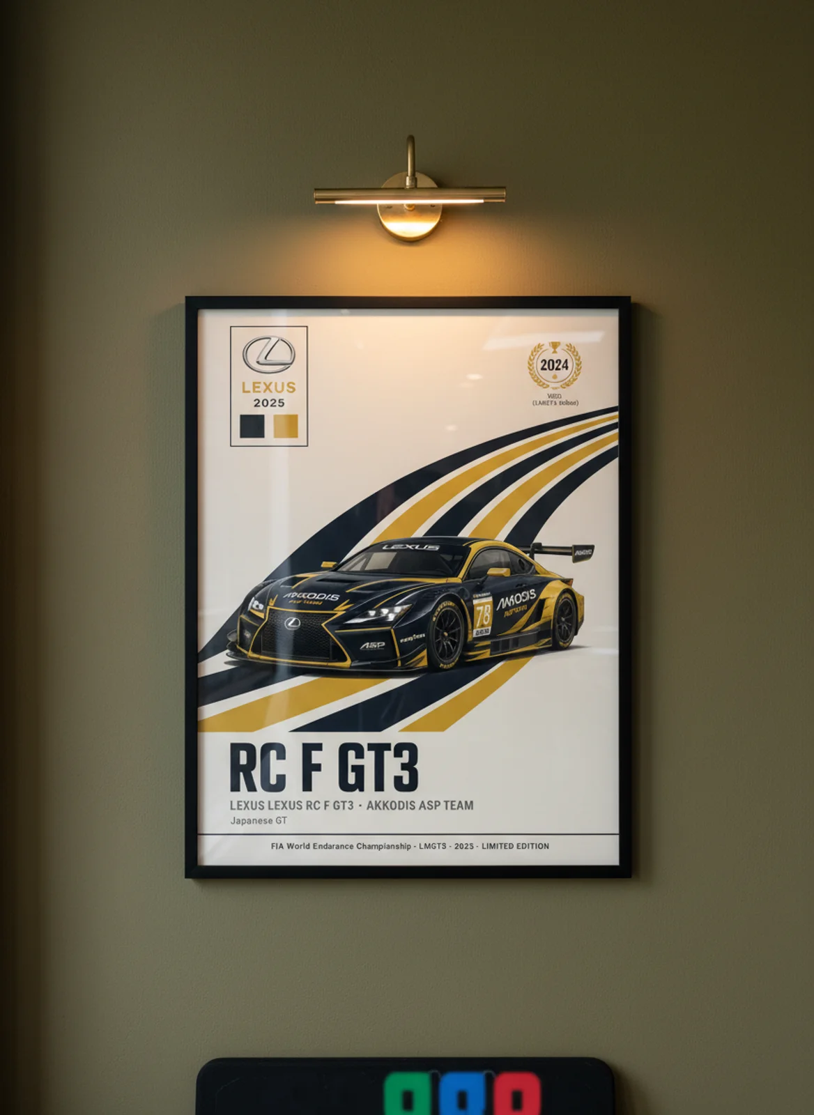 RC F GT3 — Akkodis ASP #78 WEC Masters endurance print in black A2 frame on matte-black olive wall — WEC Masters mockup