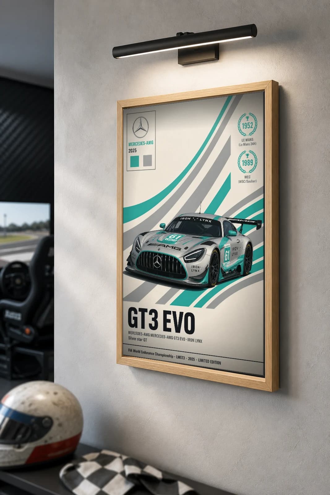 Iron Lynx Mercedes-AMG GT3 Evo Poster — 2025 LMGT3 WEC racing wall art · #61 · framed A2 — the framed print shown at a three-quarter angle on a styled gallery wall in a natural-oak frame