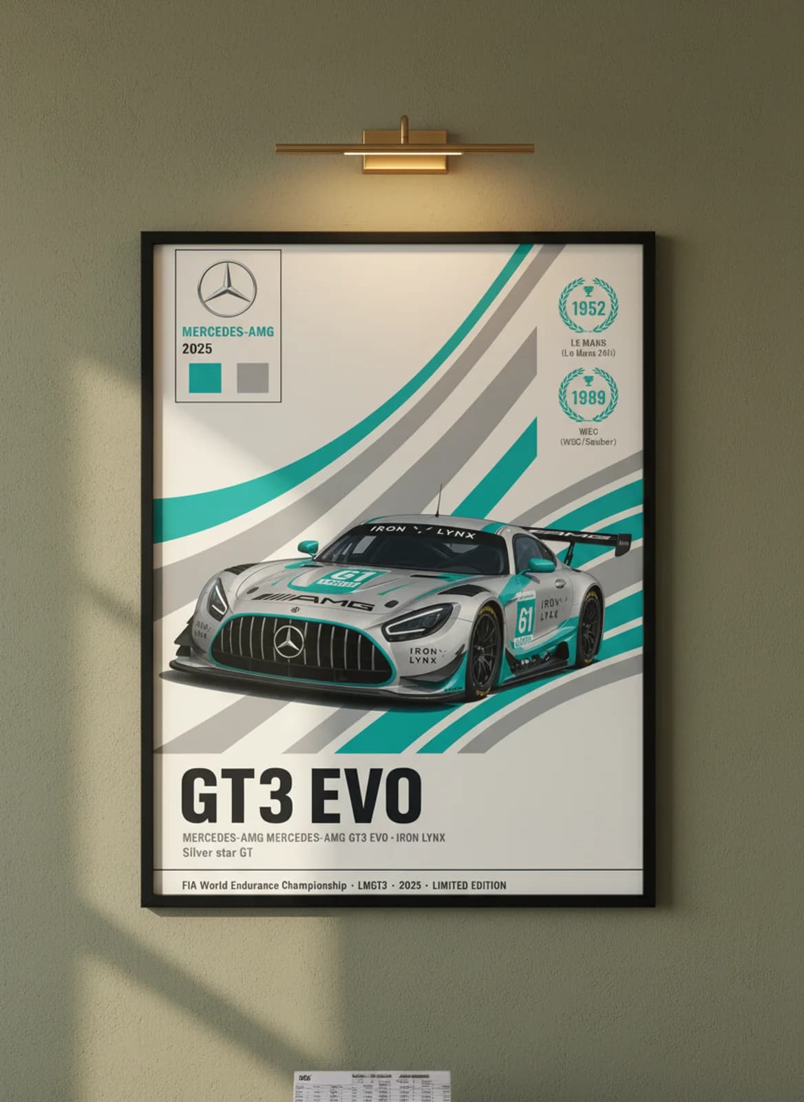 GT3 EVO WEC Masters endurance print in black A2 frame on silver-grey olive wall — WEC Masters mockup