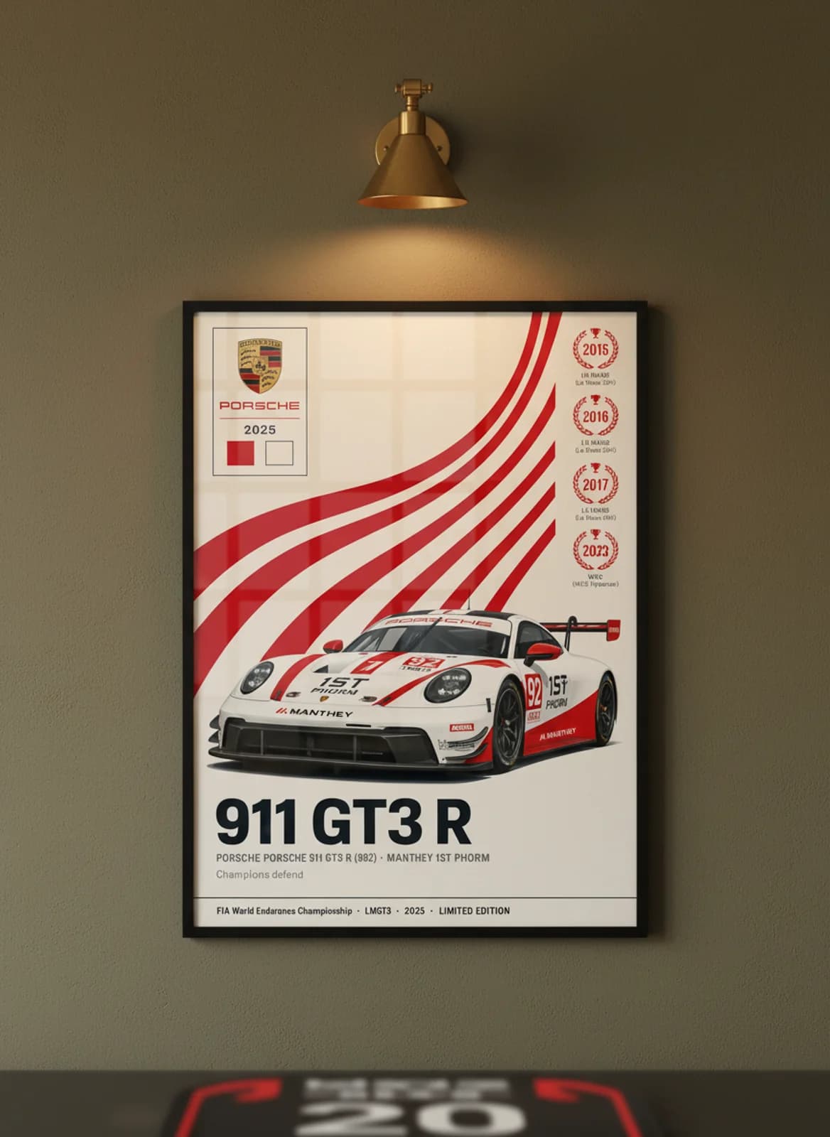 911 GT3 R WEC Masters endurance print in black A2 frame on guards-red olive wall — WEC Masters mockup