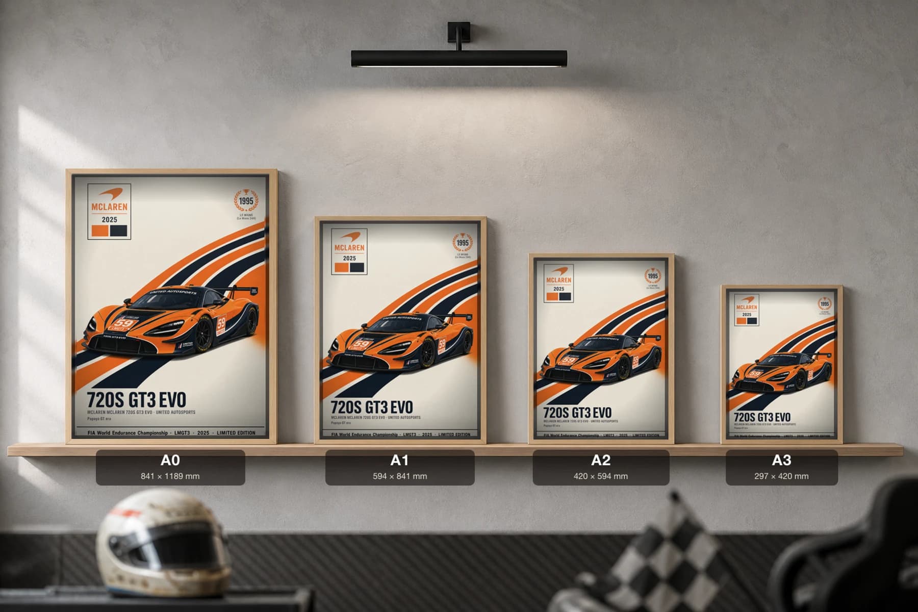 United Autosports 720S GT3 Evo Poster — 2025 LMGT3 WEC racing wall art · #59 · framed A2 — print size guide showing the artwork at A0, A1, A2 and A3 in natural-oak frames at true relative scale