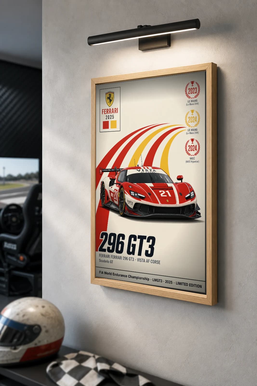 Vista AF Corse 296 GT3 Poster — 2025 LMGT3 WEC racing wall art · #21 · framed A2 — the framed print shown at a three-quarter angle on a styled gallery wall in a natural-oak frame