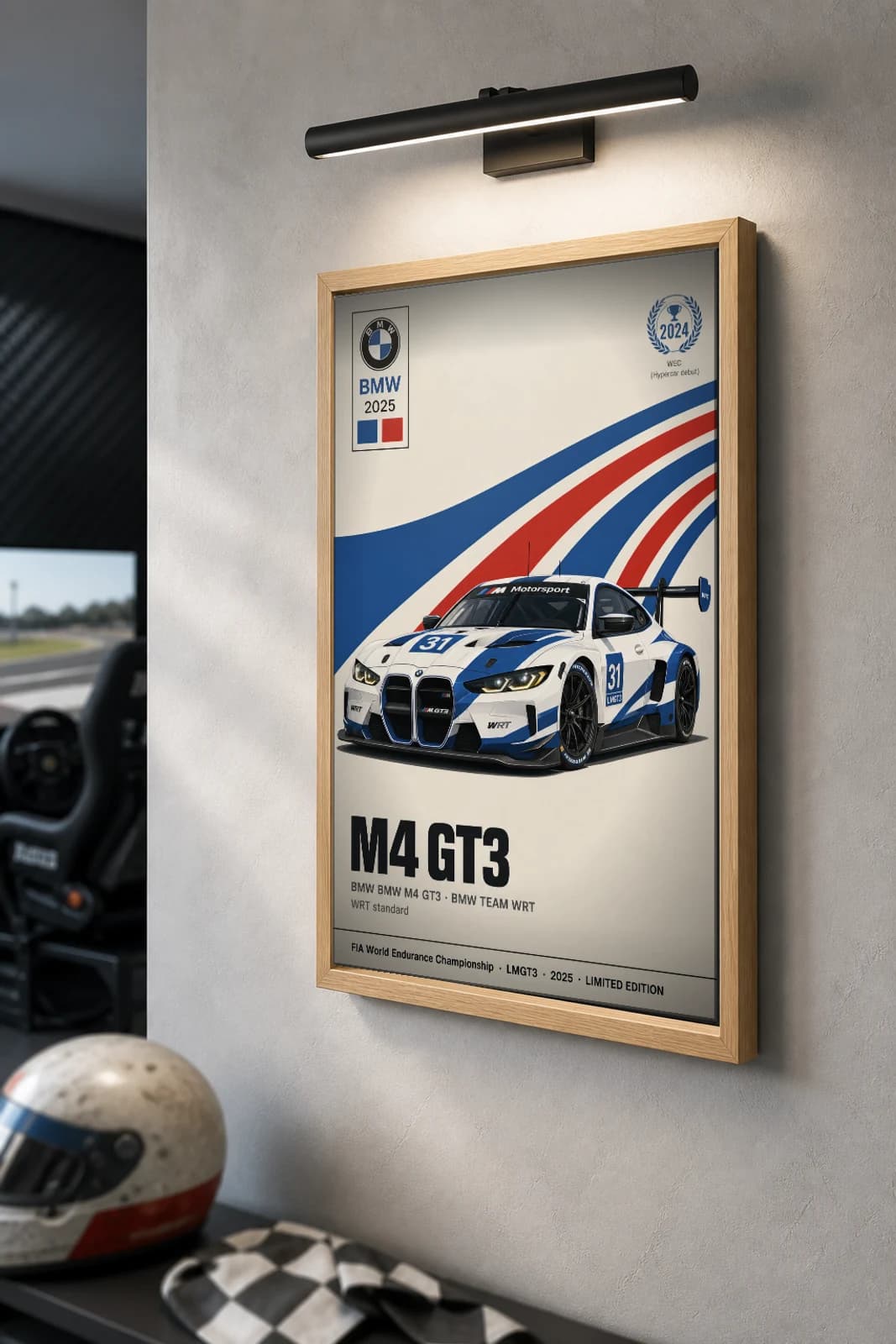 BMW Team WRT M4 GT3 Poster — 2025 LMGT3 WEC racing wall art · #31 · framed A2 — the framed print shown at a three-quarter angle on a styled gallery wall in a natural-oak frame