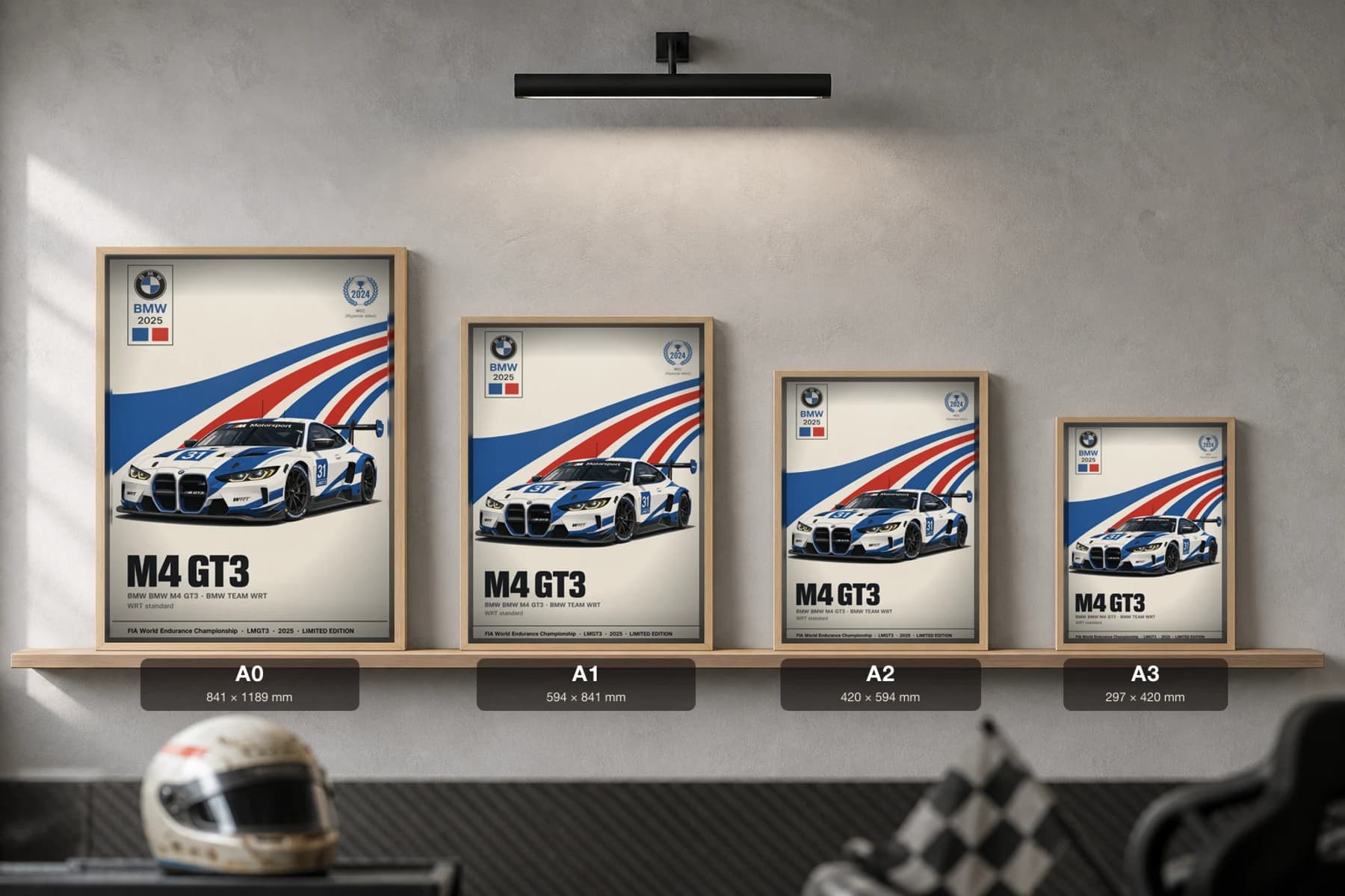 BMW Team WRT M4 GT3 Poster — 2025 LMGT3 WEC racing wall art · #31 · framed A2 — print size guide showing the artwork at A0, A1, A2 and A3 in natural-oak frames at true relative scale