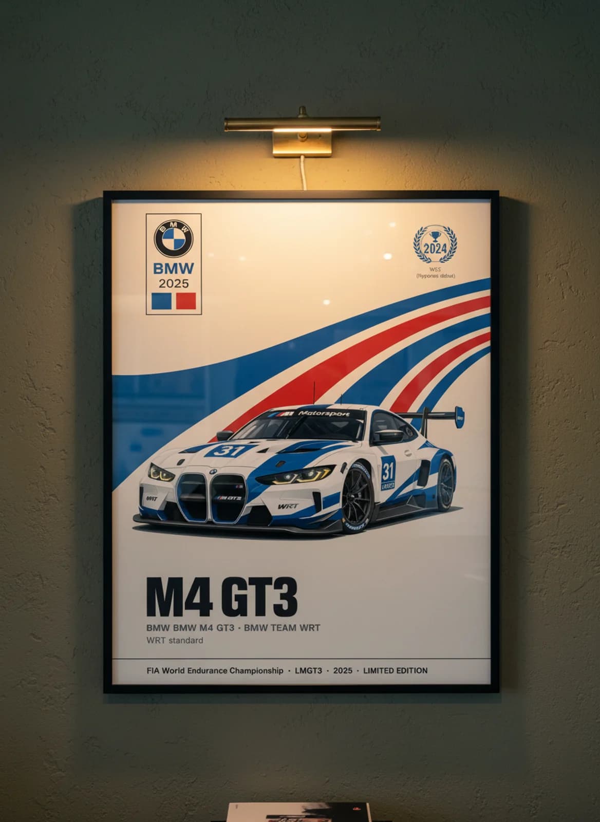 M4 GT3 WEC Masters endurance print in black A2 frame on bmw-blue olive wall — WEC Masters mockup