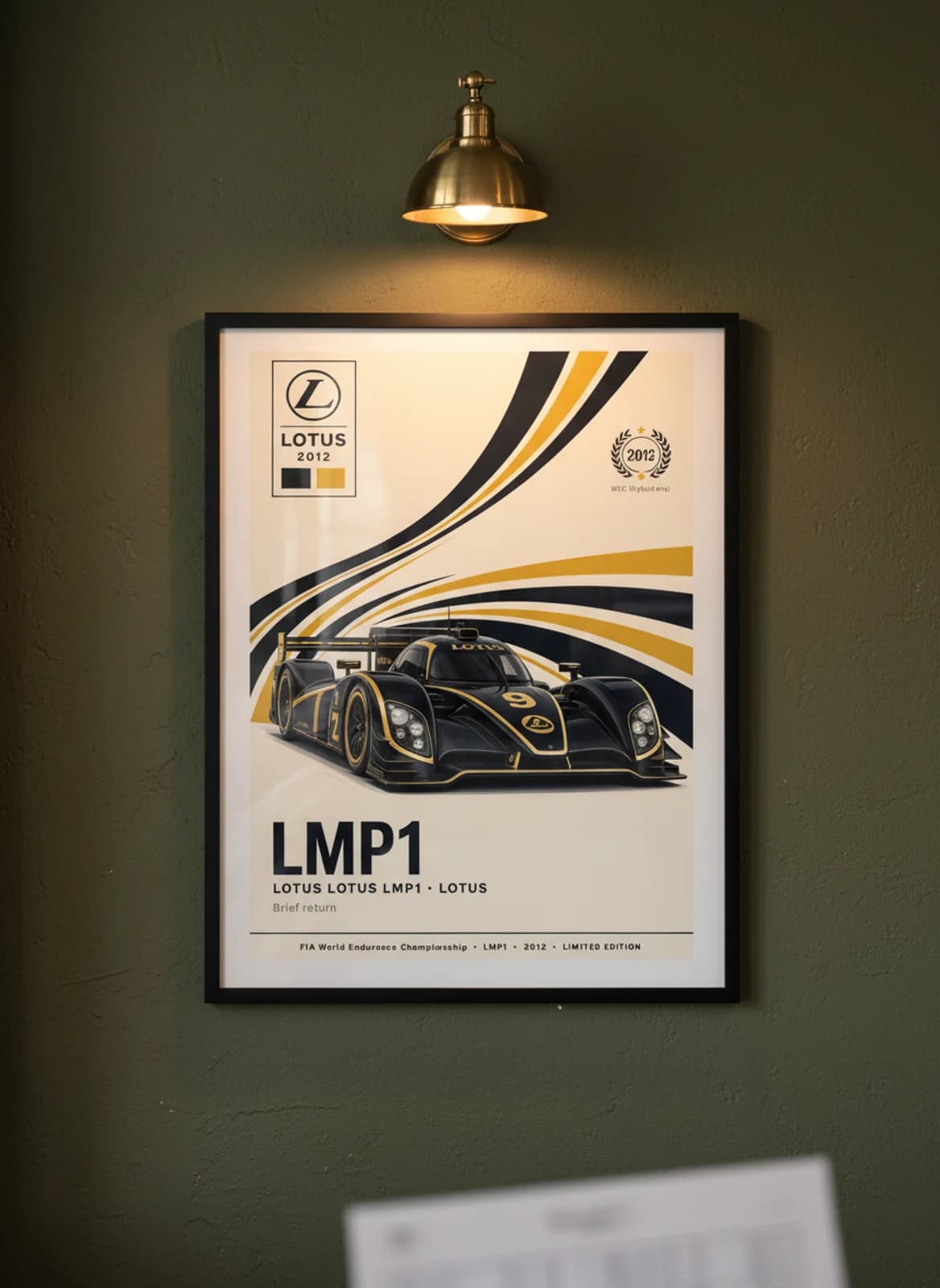 LMP1 — Lotus #9 WEC Masters endurance print in black A2 frame on black olive wall — WEC Masters mockup