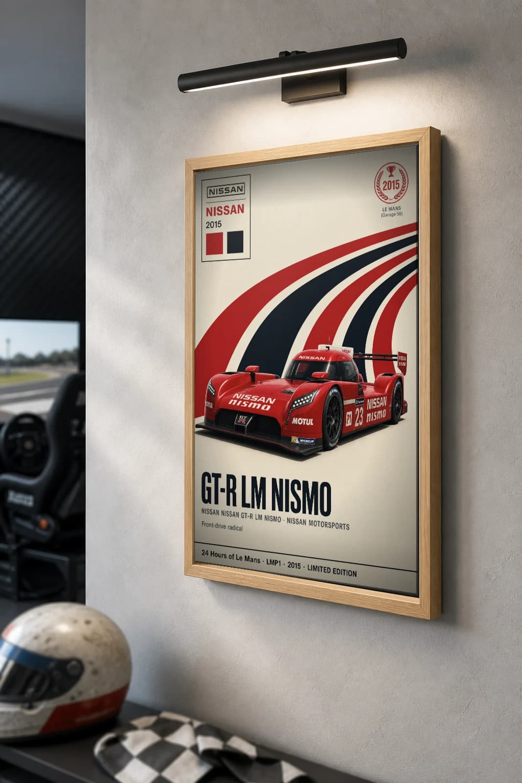 Nissan Motorsports GT-R LM NISMO Poster — 2015 LMP1 WEC racing wall art · #23 · framed A2 — the framed print shown at a three-quarter angle on a styled gallery wall in a natural-oak frame