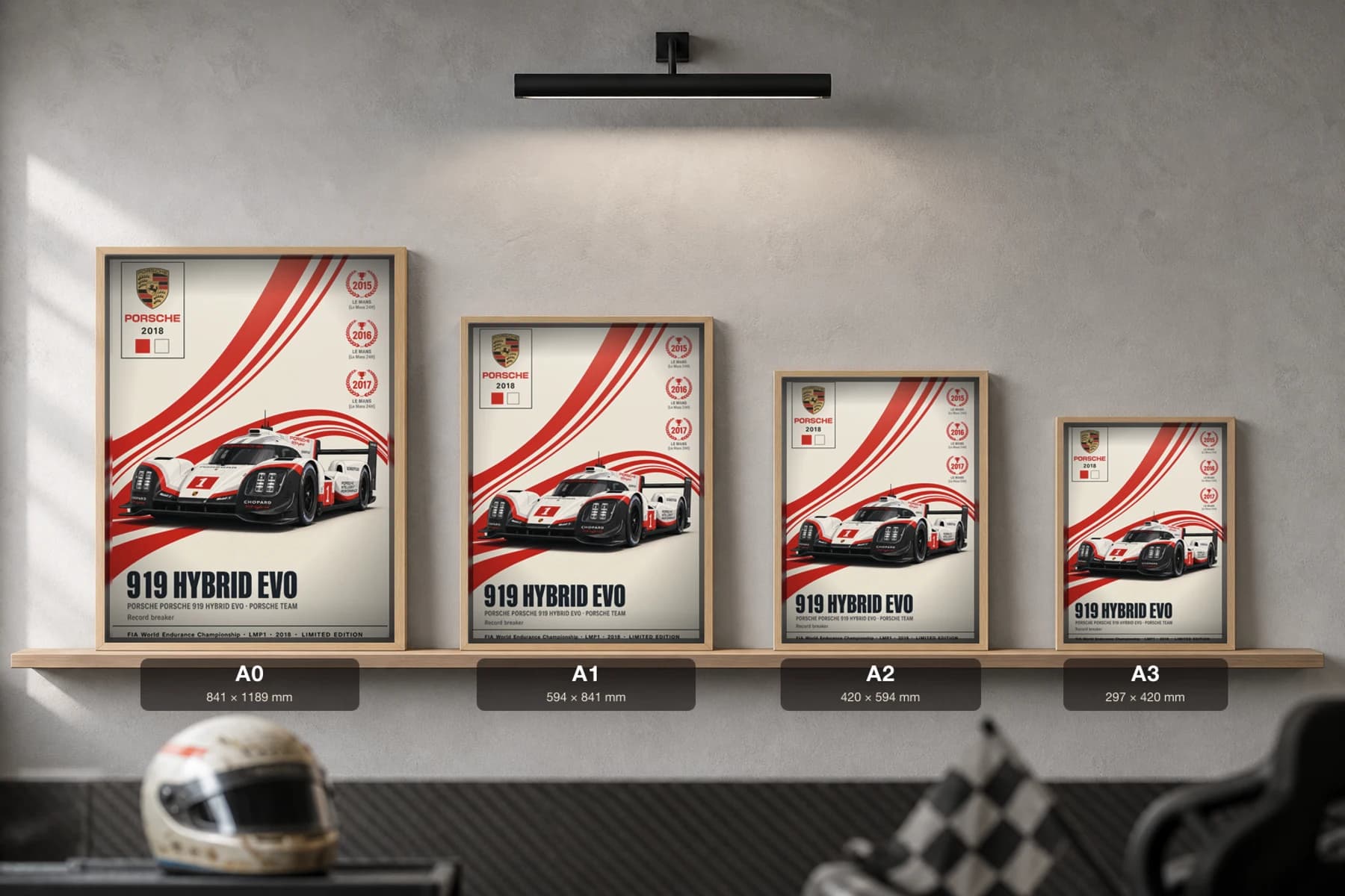 Porsche Team 919 Hybrid Evo Poster — 2018 LMP1 WEC racing wall art · #1 · framed A2 — print size guide showing the artwork at A0, A1, A2 and A3 in natural-oak frames at true relative scale