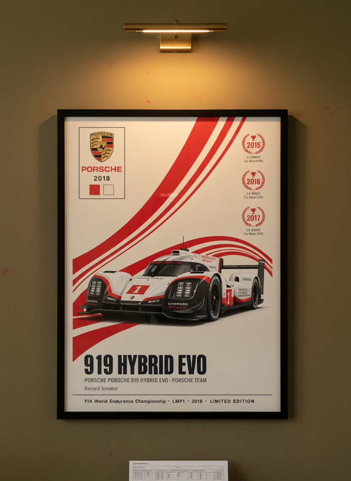 919 HYBRID EVO WEC Masters endurance print in black A2 frame on racing-red olive wall — WEC Masters mockup
