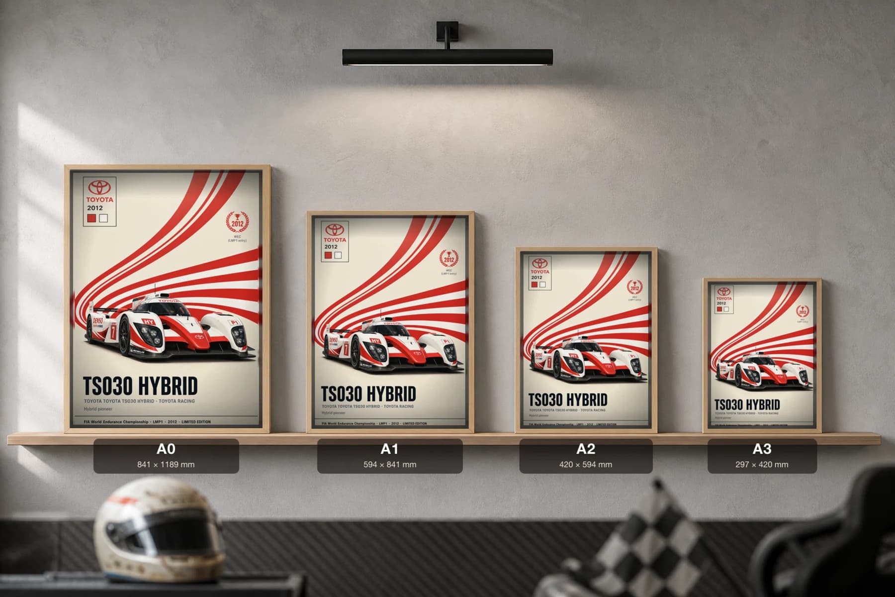Toyota Racing TS030 HYBRID Poster — 2012 LMP1 WEC racing wall art · #7 · framed A2 — print size guide showing the artwork at A0, A1, A2 and A3 in natural-oak frames at true relative scale